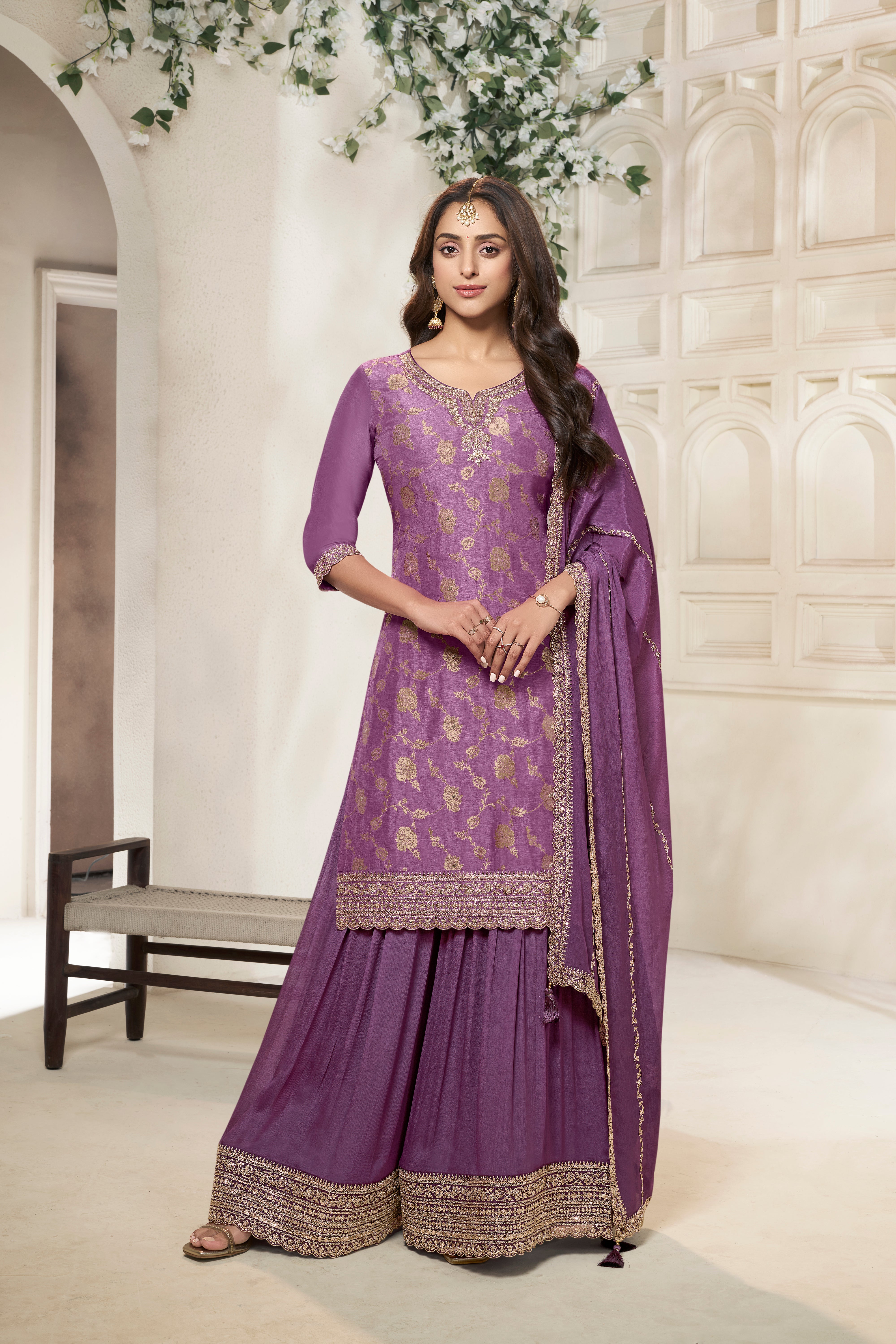 Designer Purple Jacquard Weave Dola Silk Sharara Suit Set