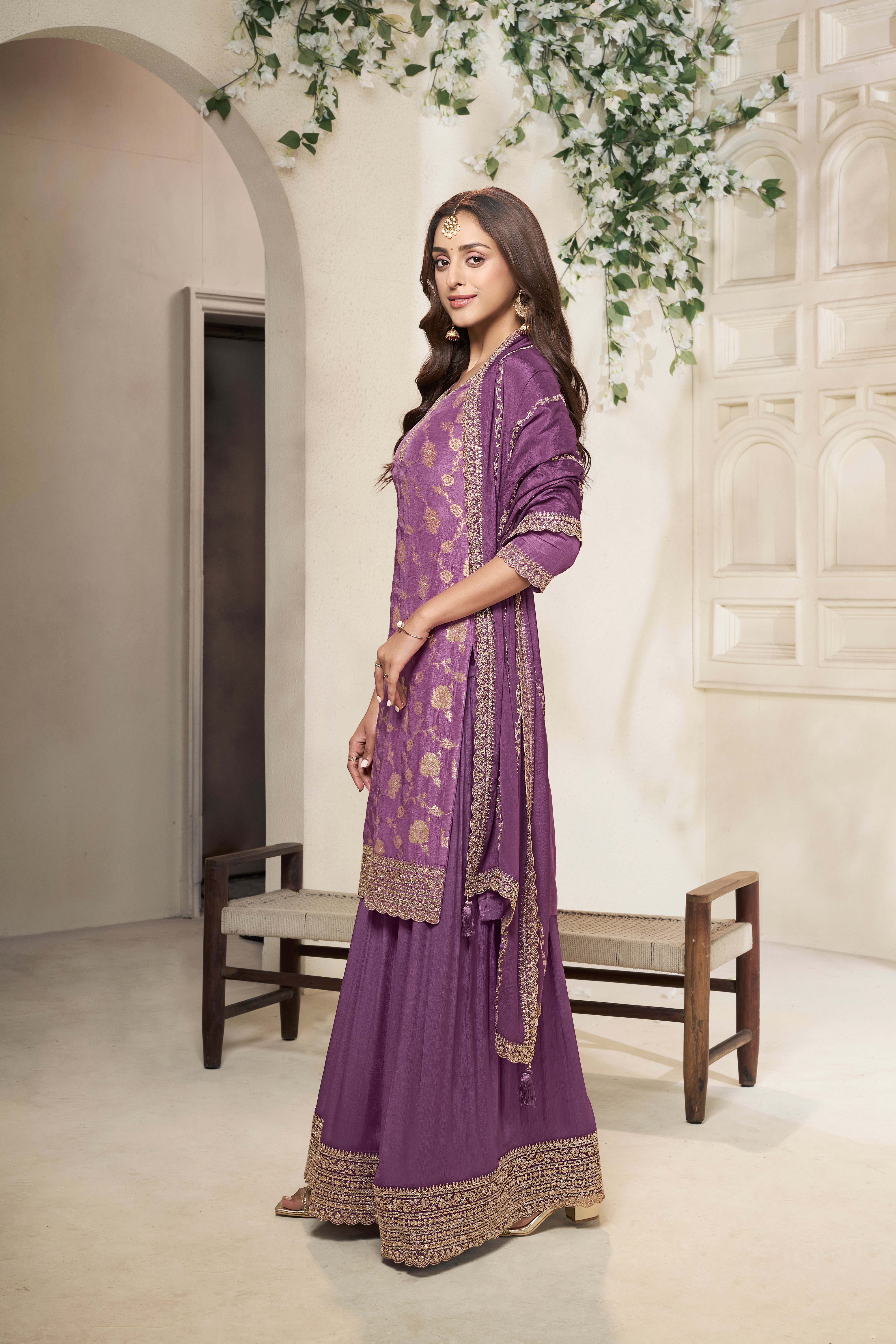 Designer Purple Jacquard Weave Dola Silk Sharara Suit Set