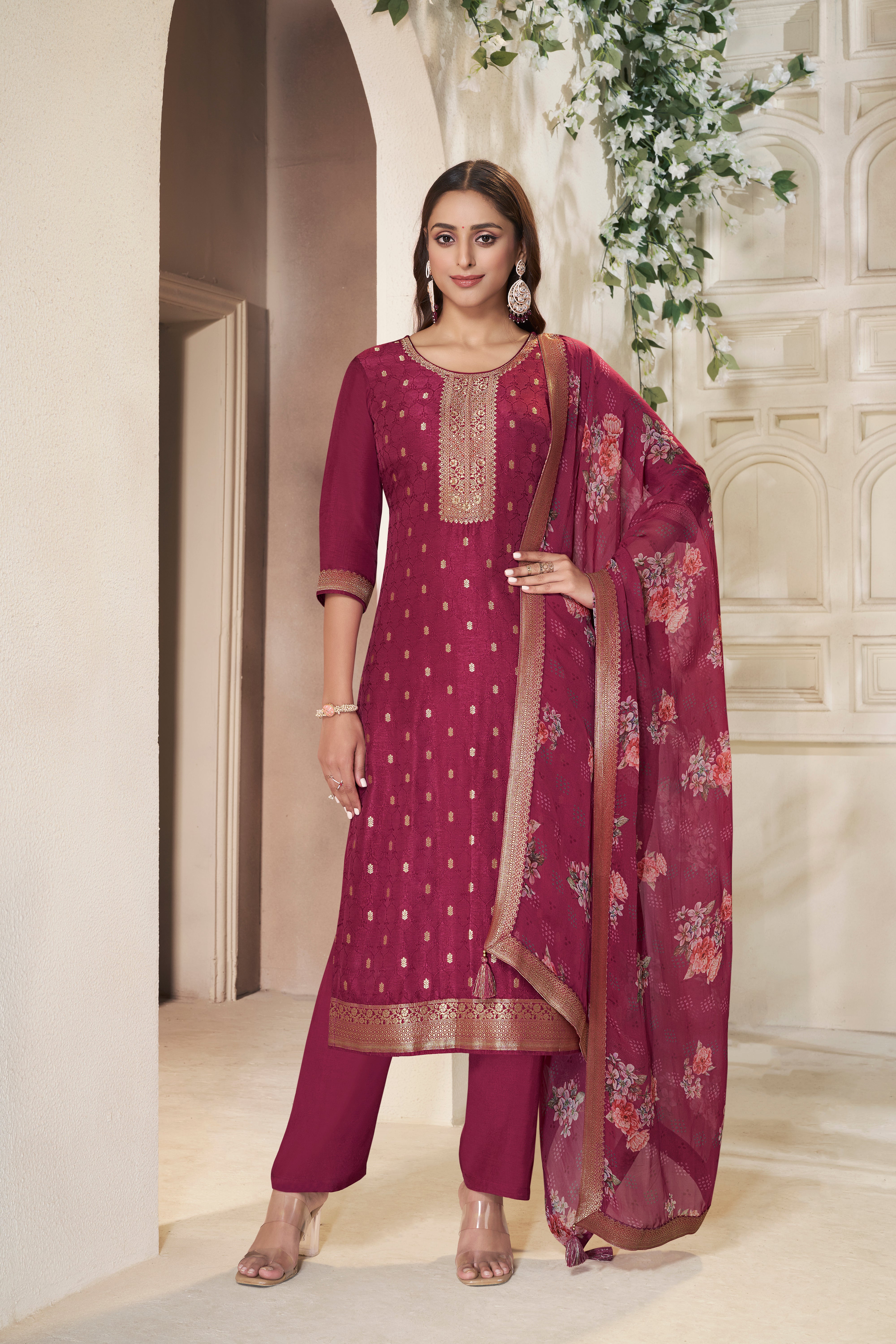 Designer Red Jacquard weave Dola Silk Kurta Suit Set