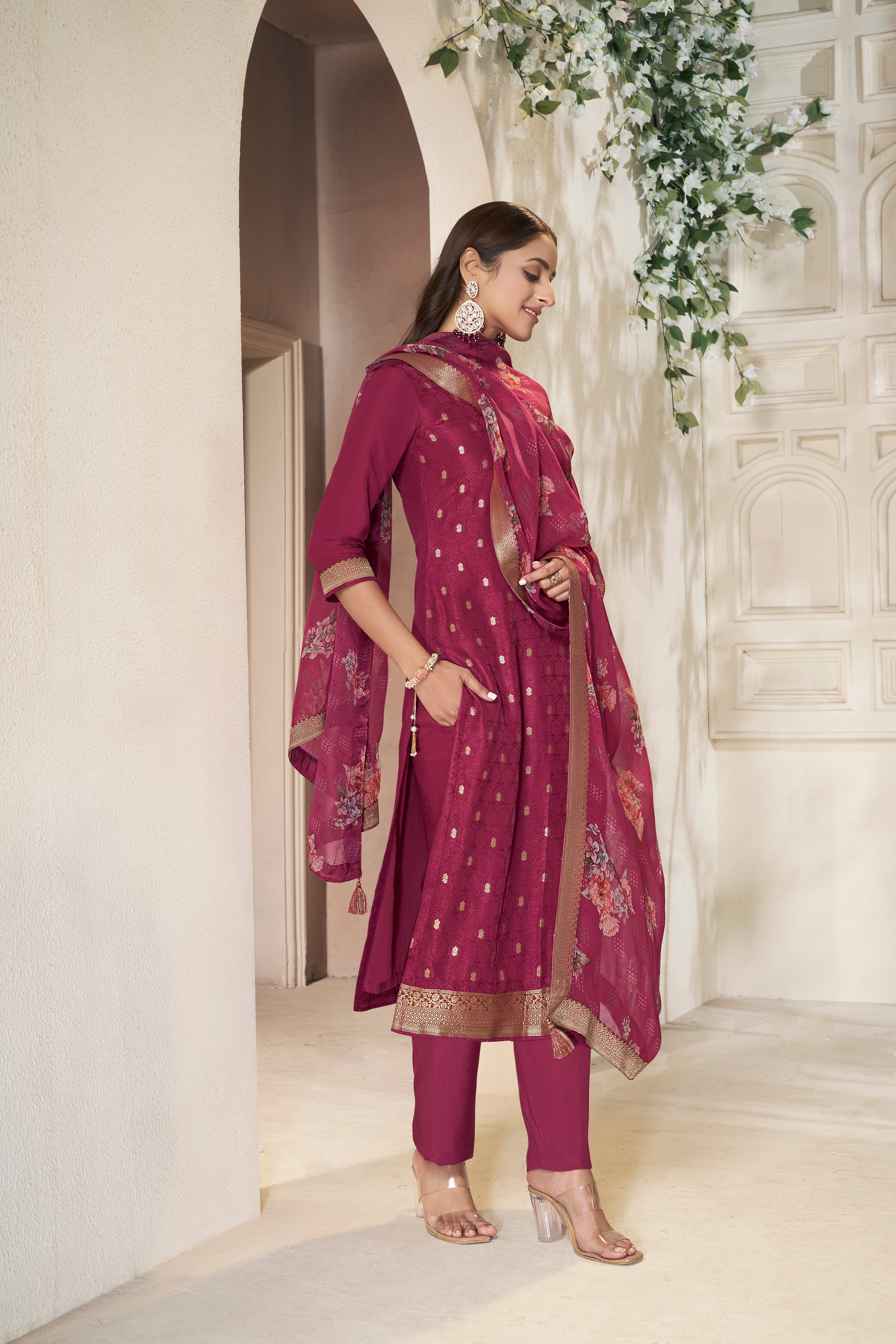 Designer Red Jacquard weave Dola Silk Kurta Suit Set