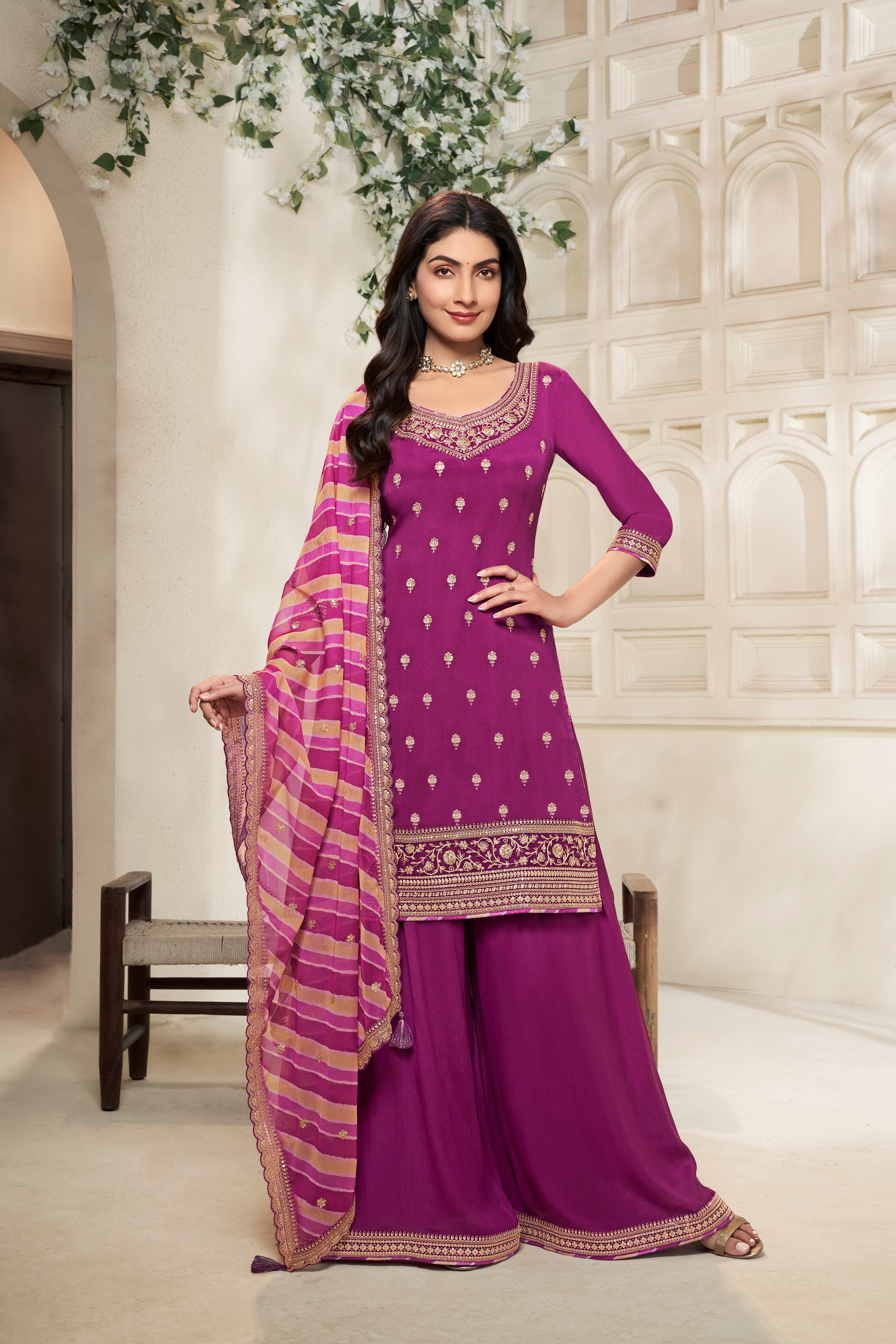 Designer Purple Embroidered Chinon Sharara Suit Set