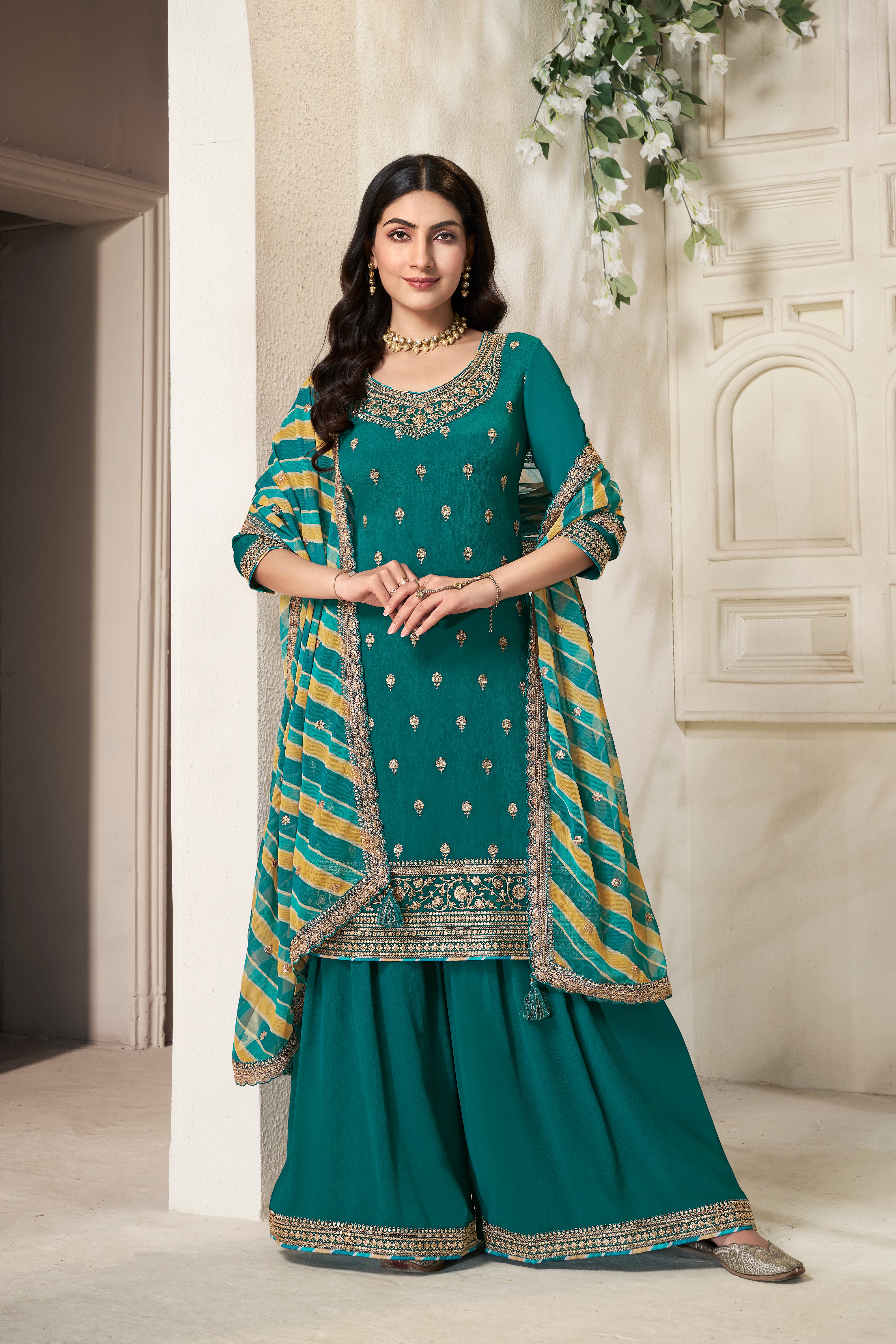 Designer Green Embroidered Chinon Sharara Suit Set