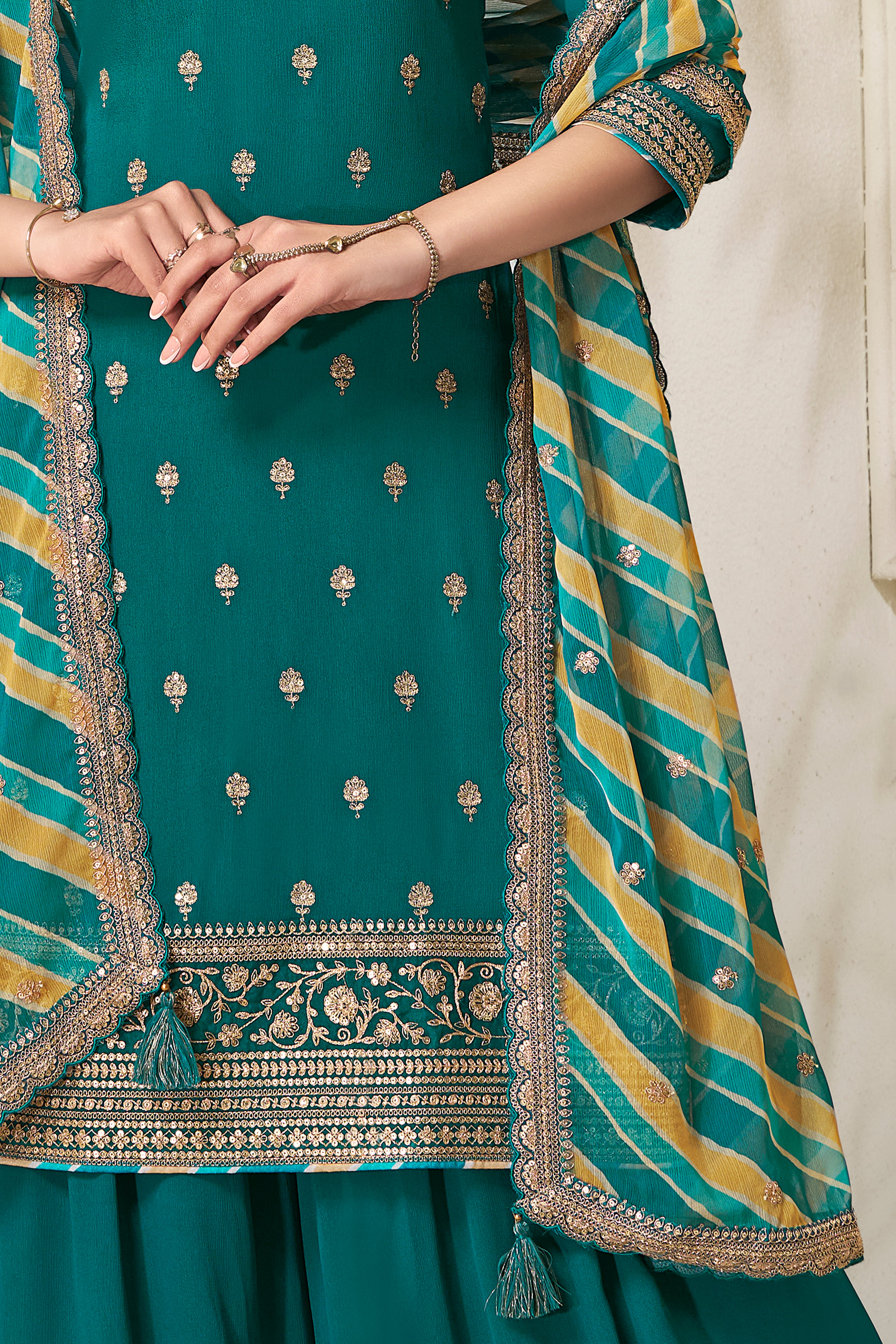 Designer Green Embroidered Chinon Sharara Suit Set