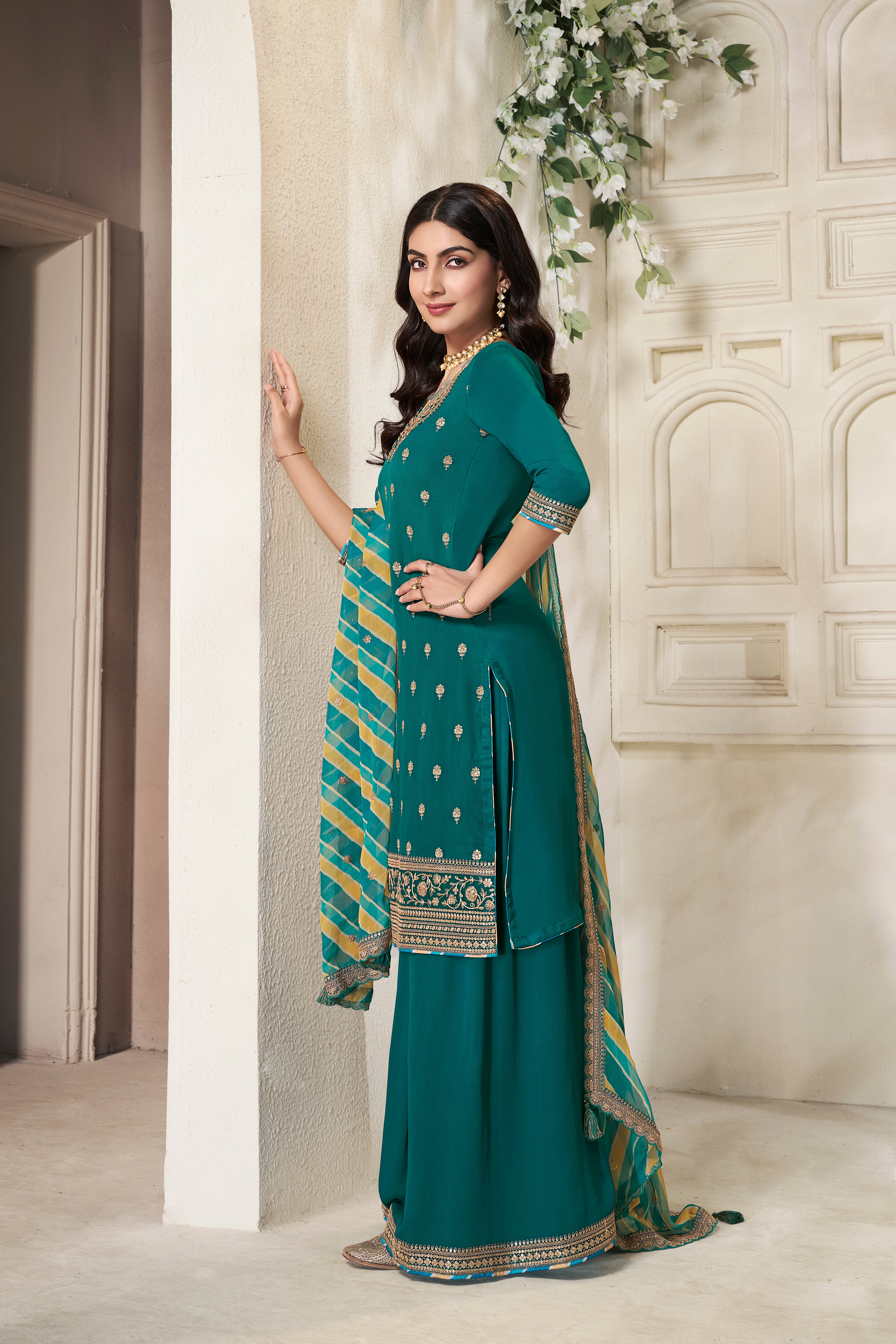 Designer Green Embroidered Chinon Sharara Suit Set