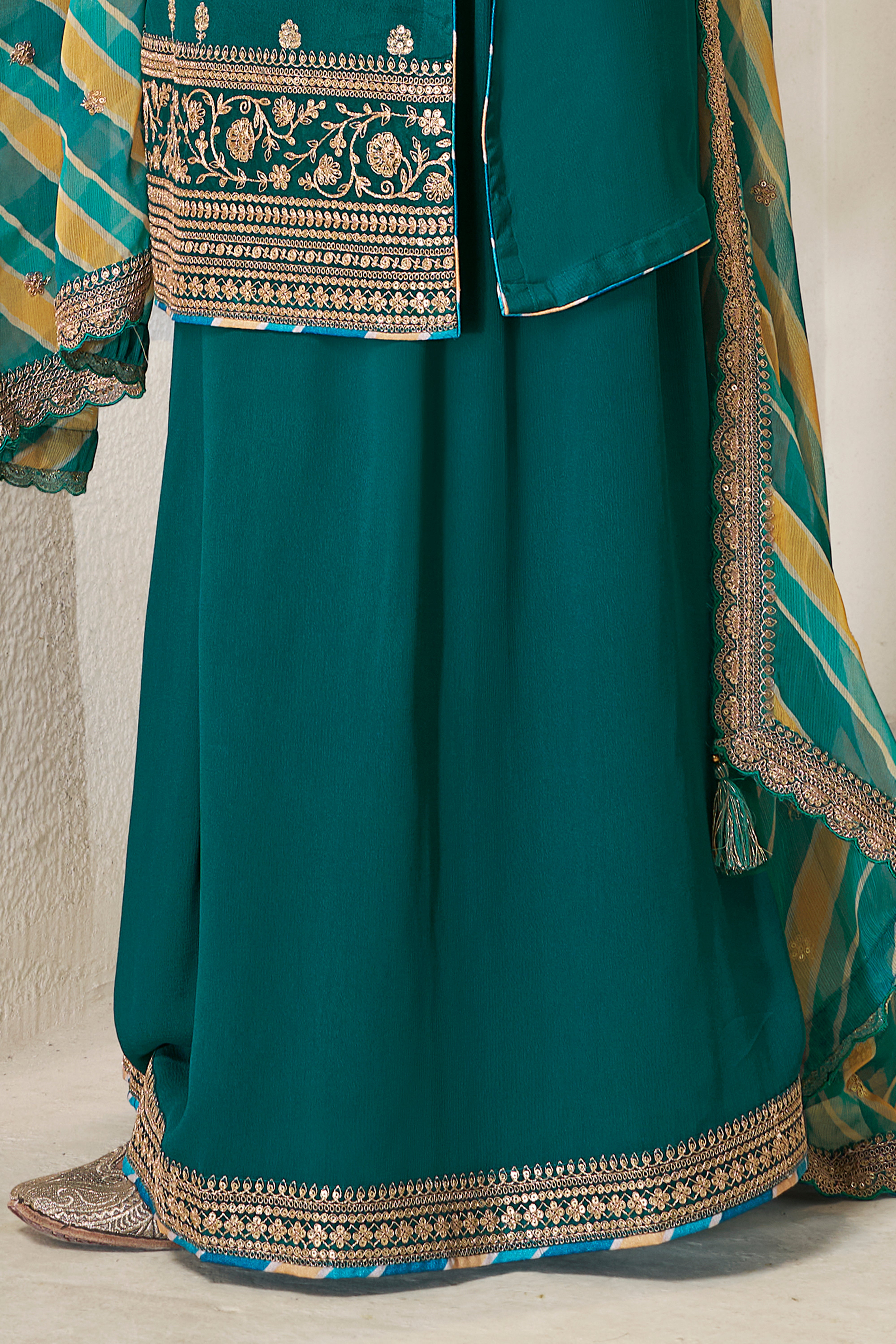 Designer Green Embroidered Chinon Sharara Suit Set