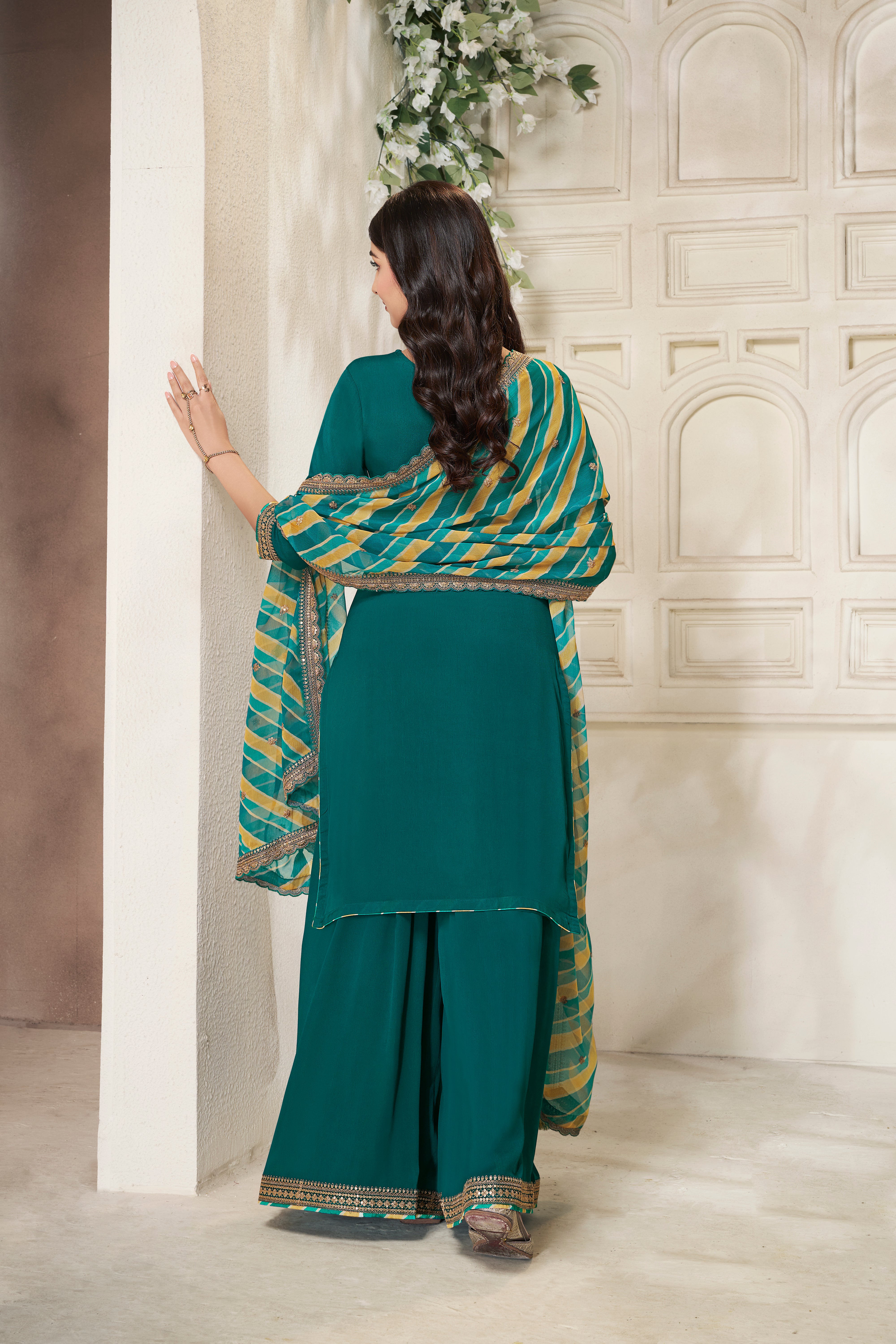 Designer Green Embroidered Chinon Sharara Suit Set