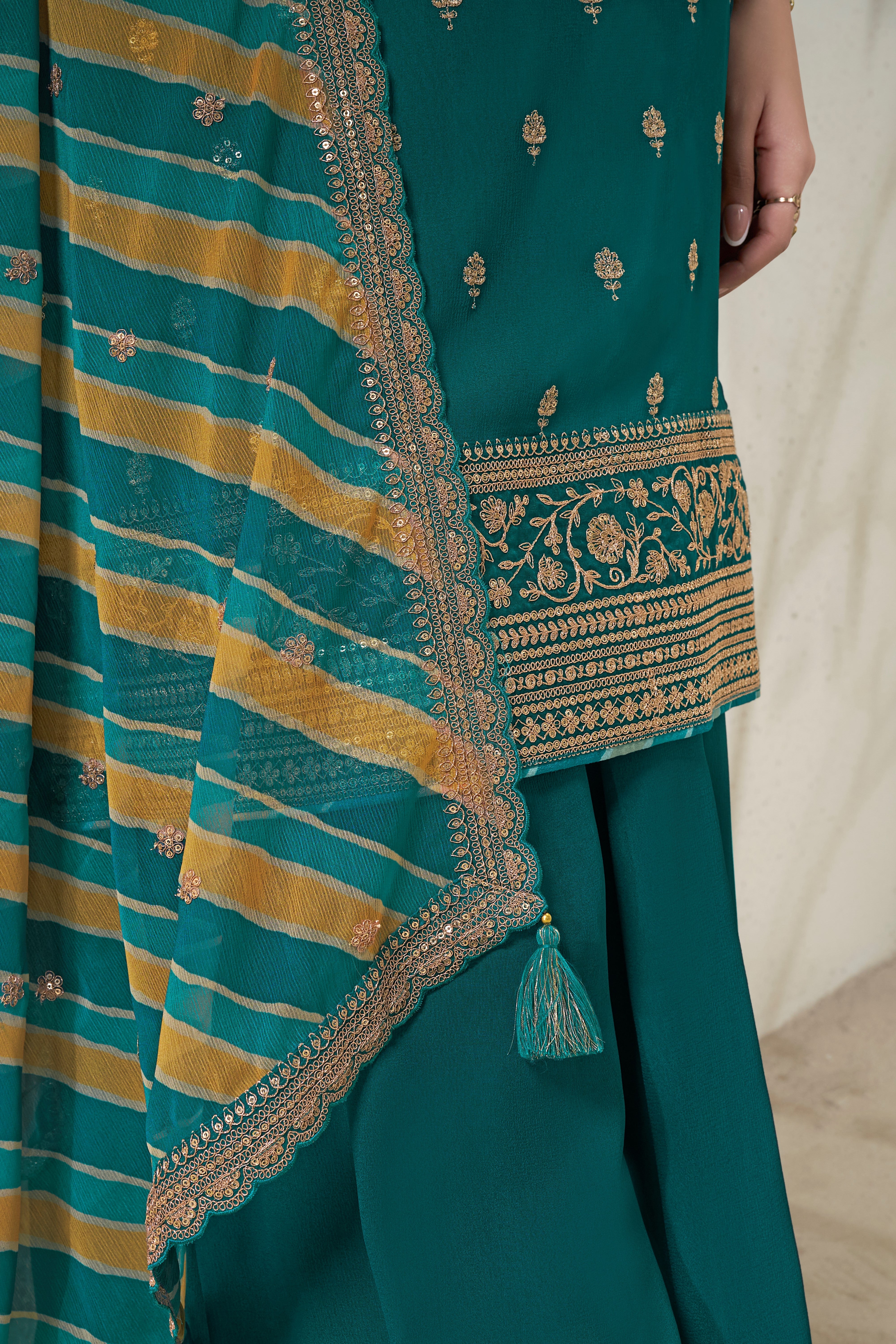 Designer Green Embroidered Chinon Sharara Suit Set