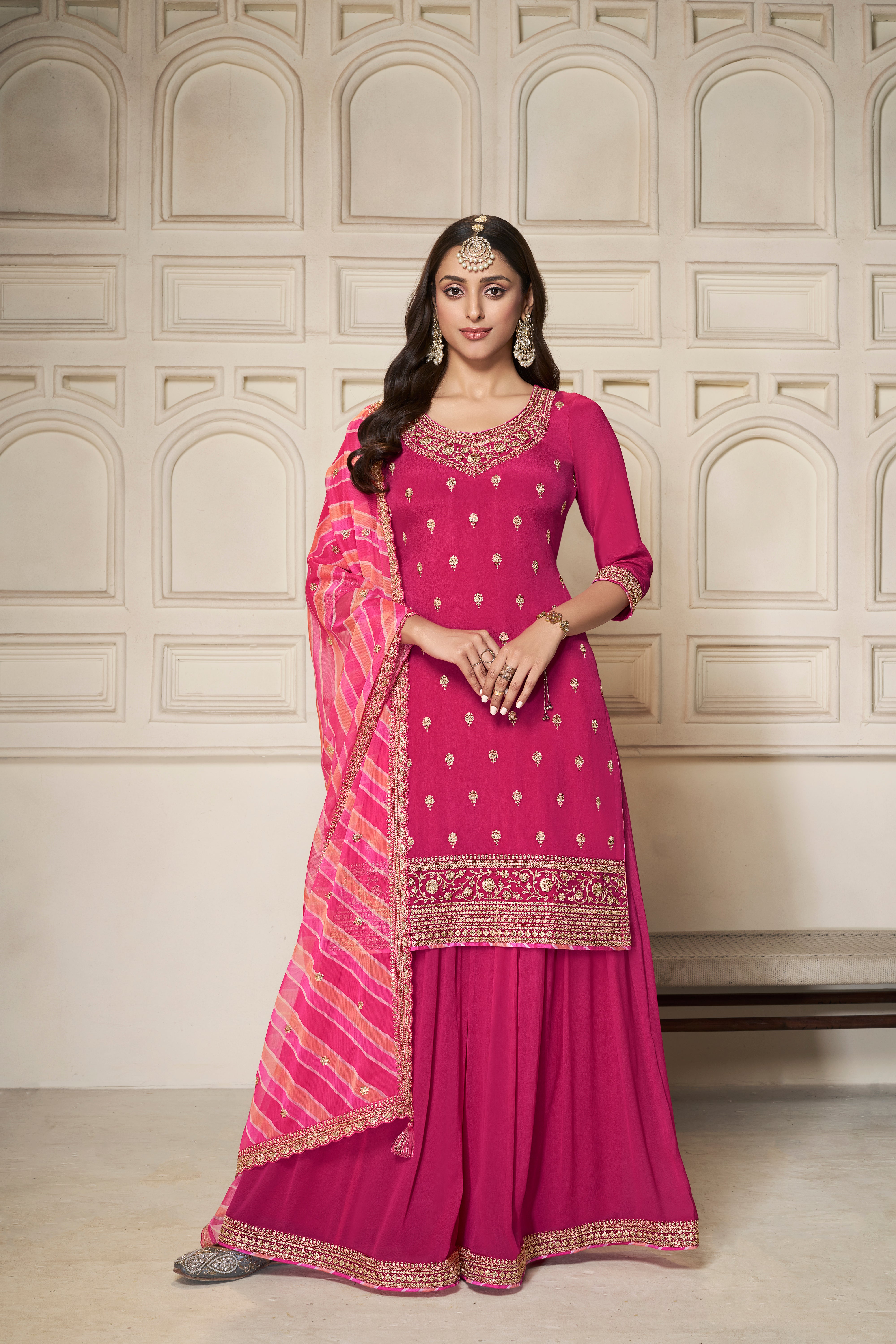 Designer Pink Embroidered Chinon Sharara Suit Set