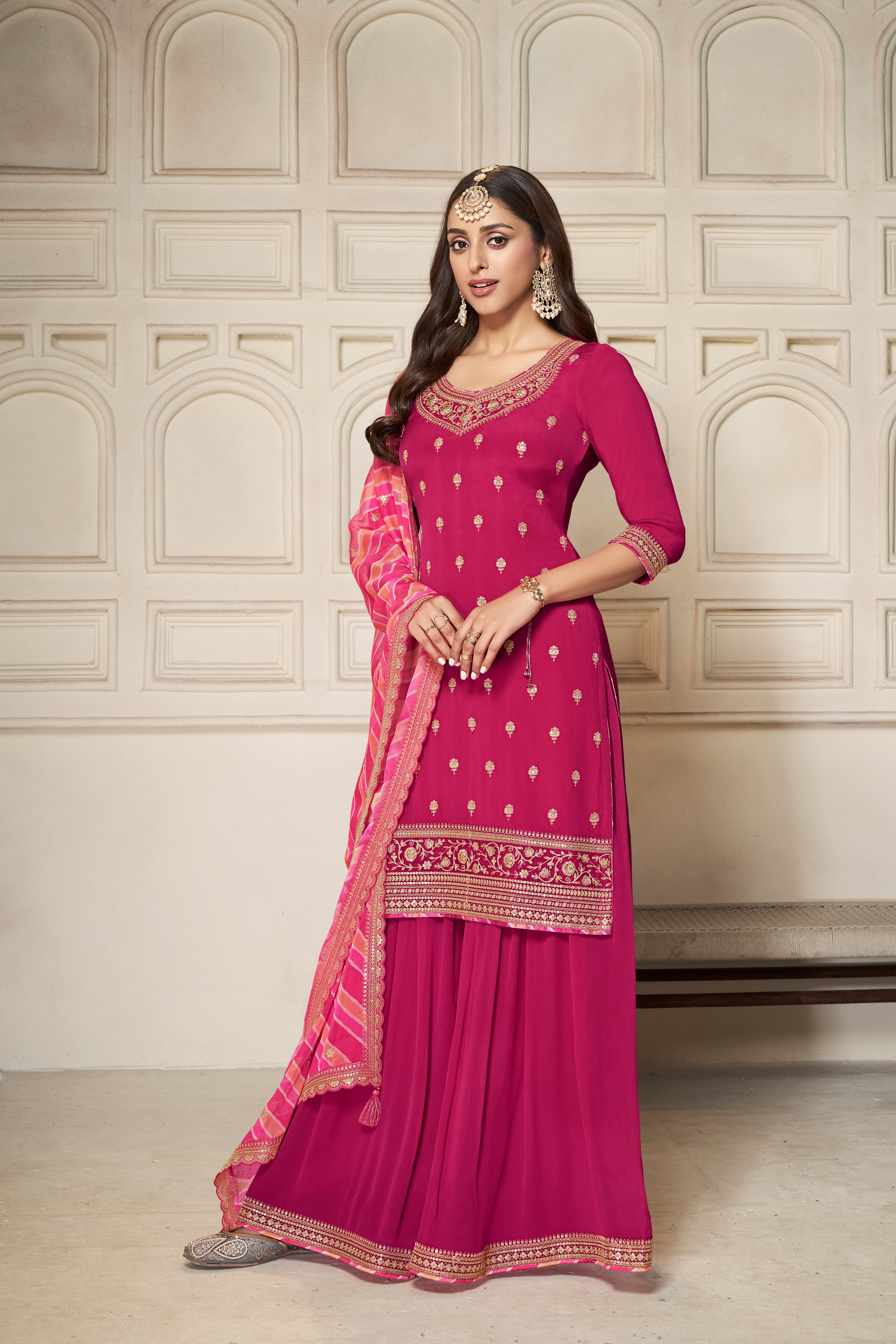 Designer Pink Embroidered Chinon Sharara Suit Set