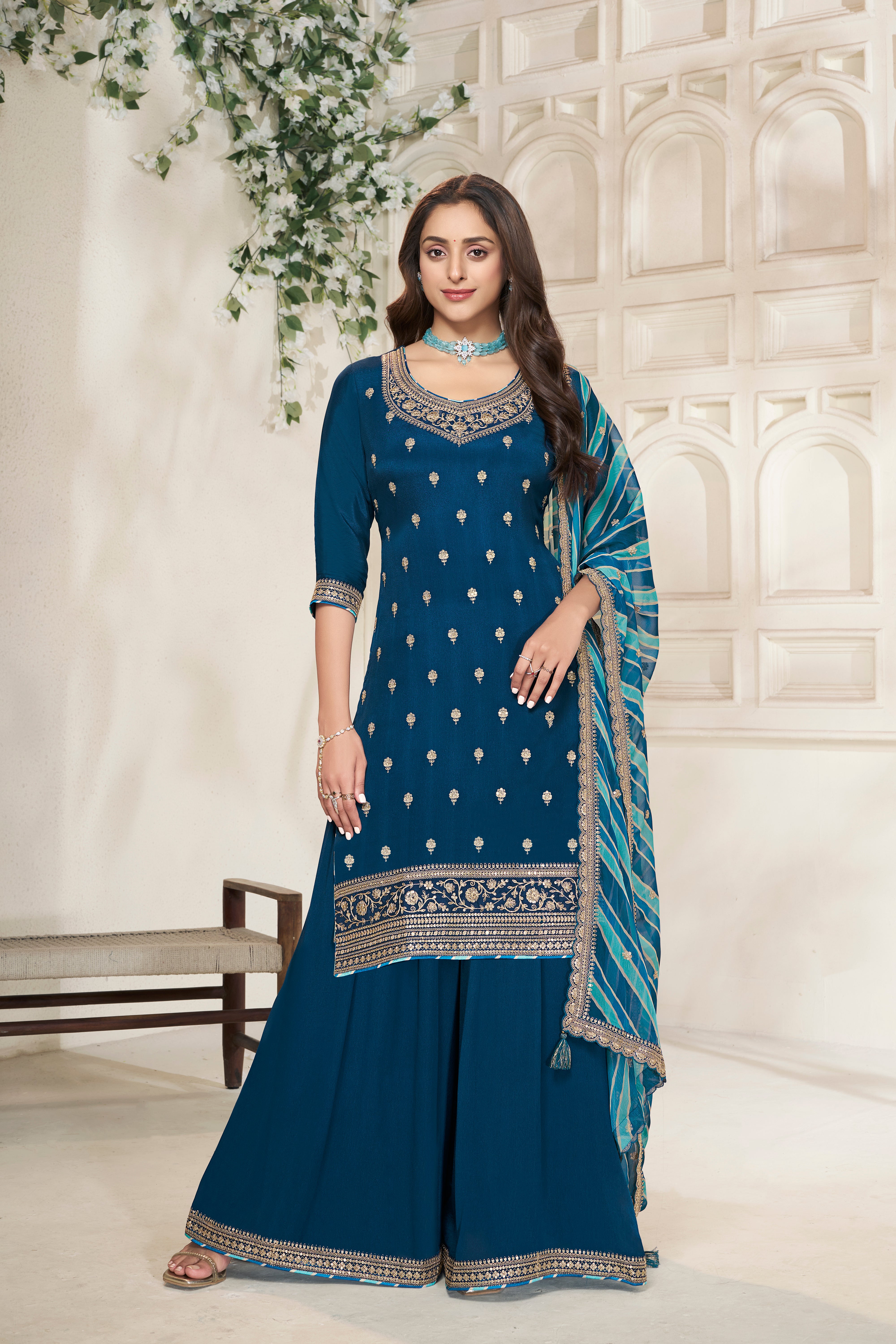 Designer Teal Blue Embroidered Chinon Sharara Suit Set