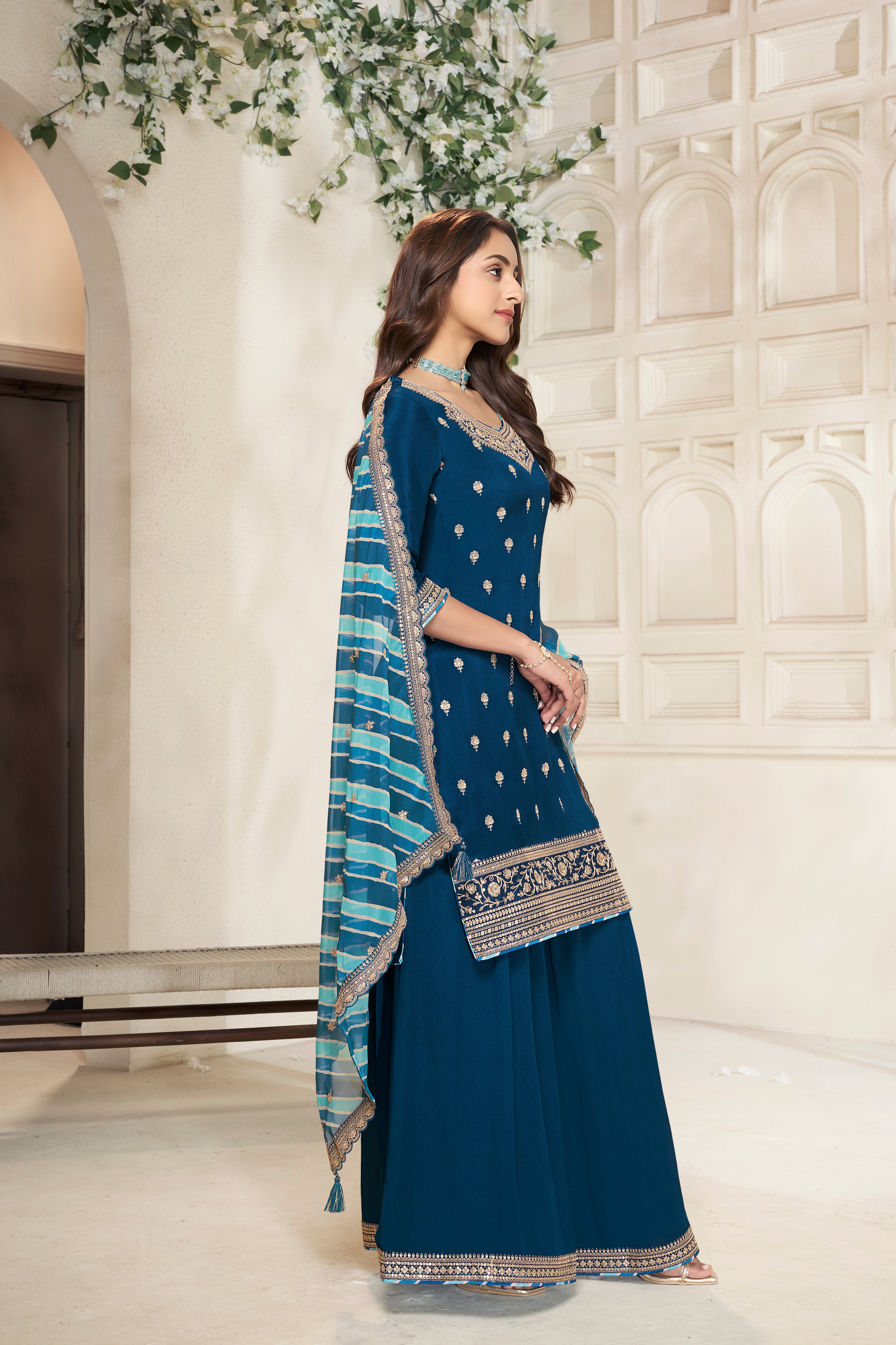 Designer Teal Blue Embroidered Chinon Sharara Suit Set