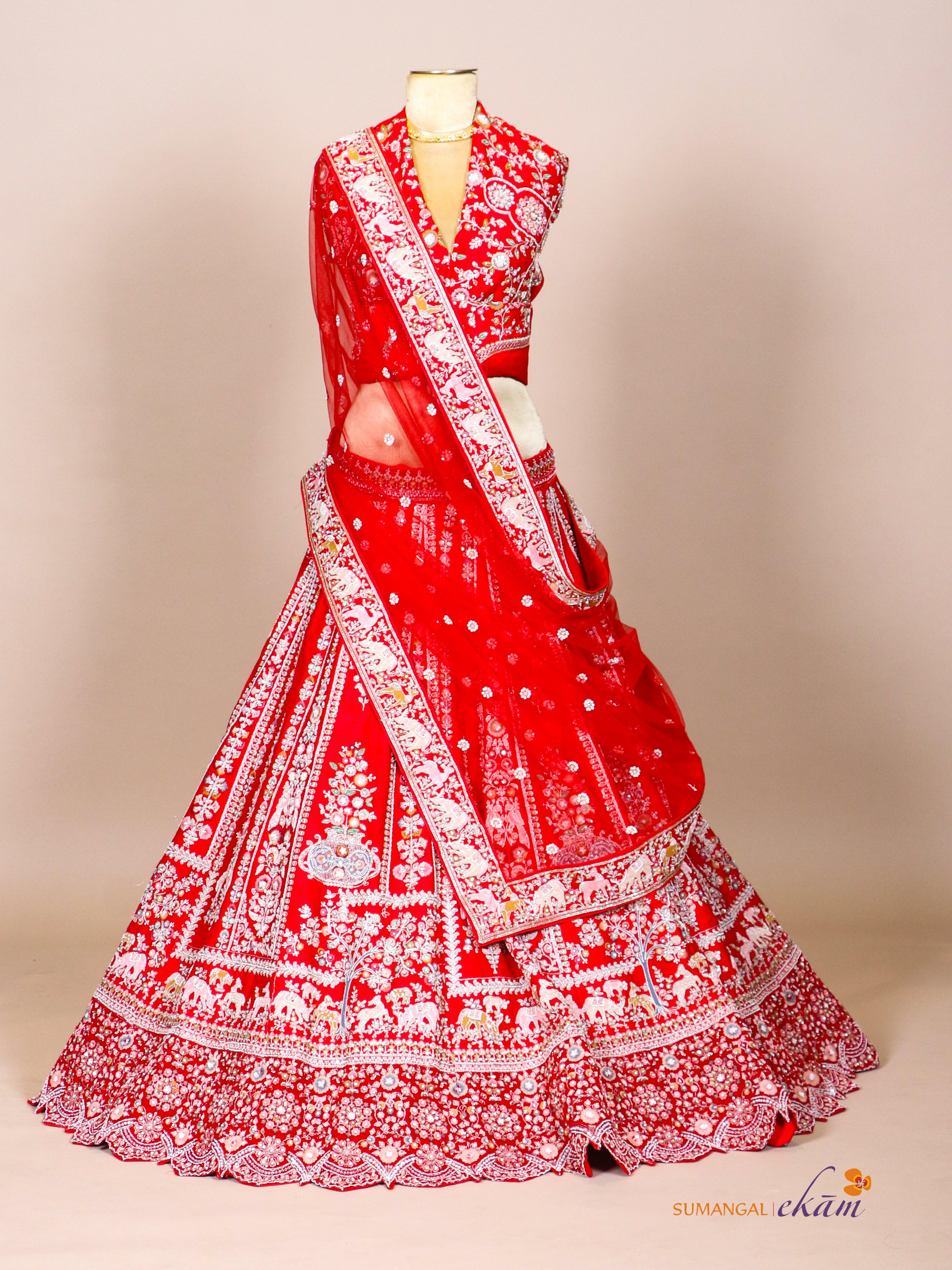 Designer Red Raw Silk Bridal Lehenga - Sumangal Ekam