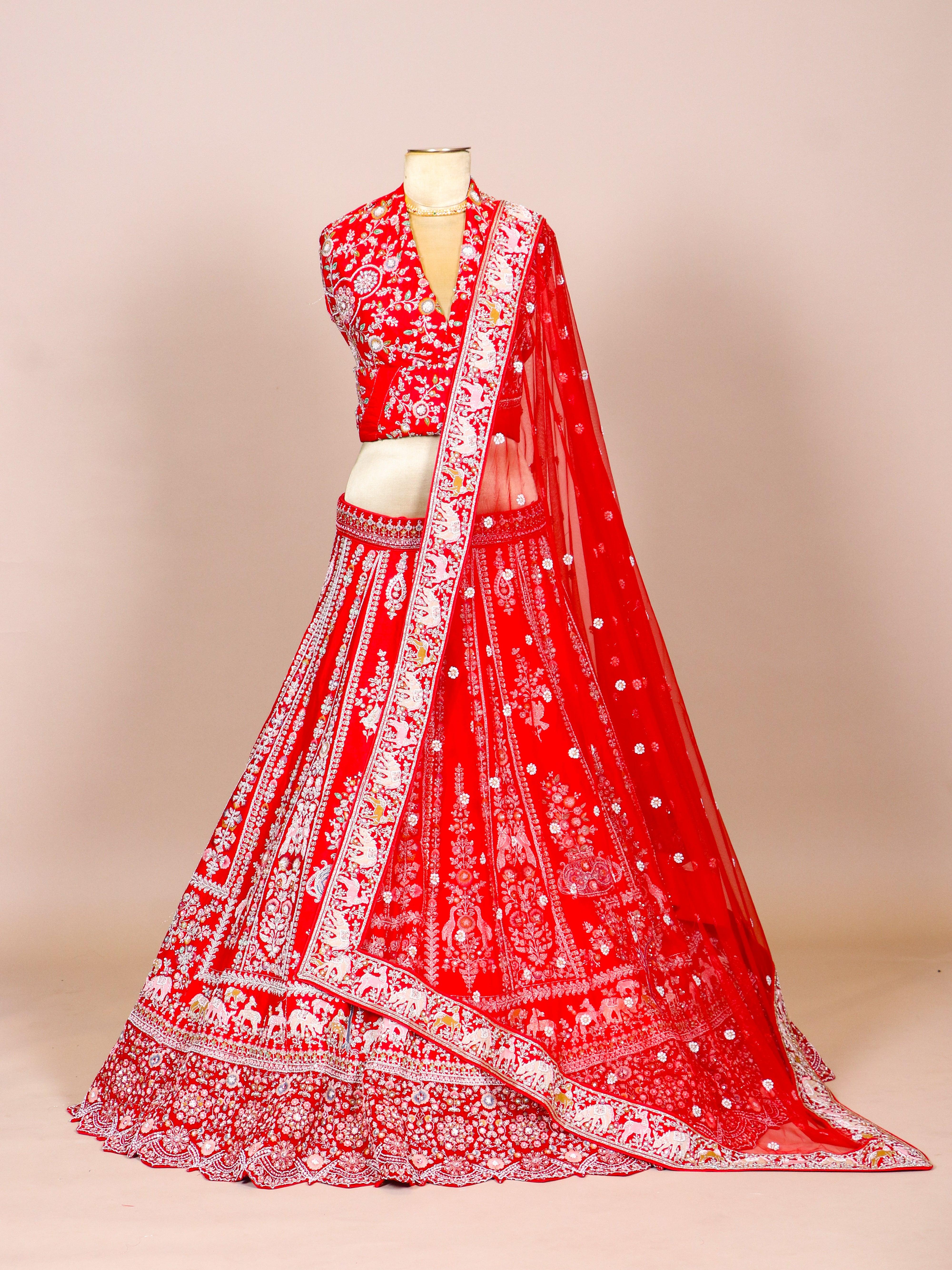Designer Red Raw Silk Bridal Lehenga - Sumangal Ekam
