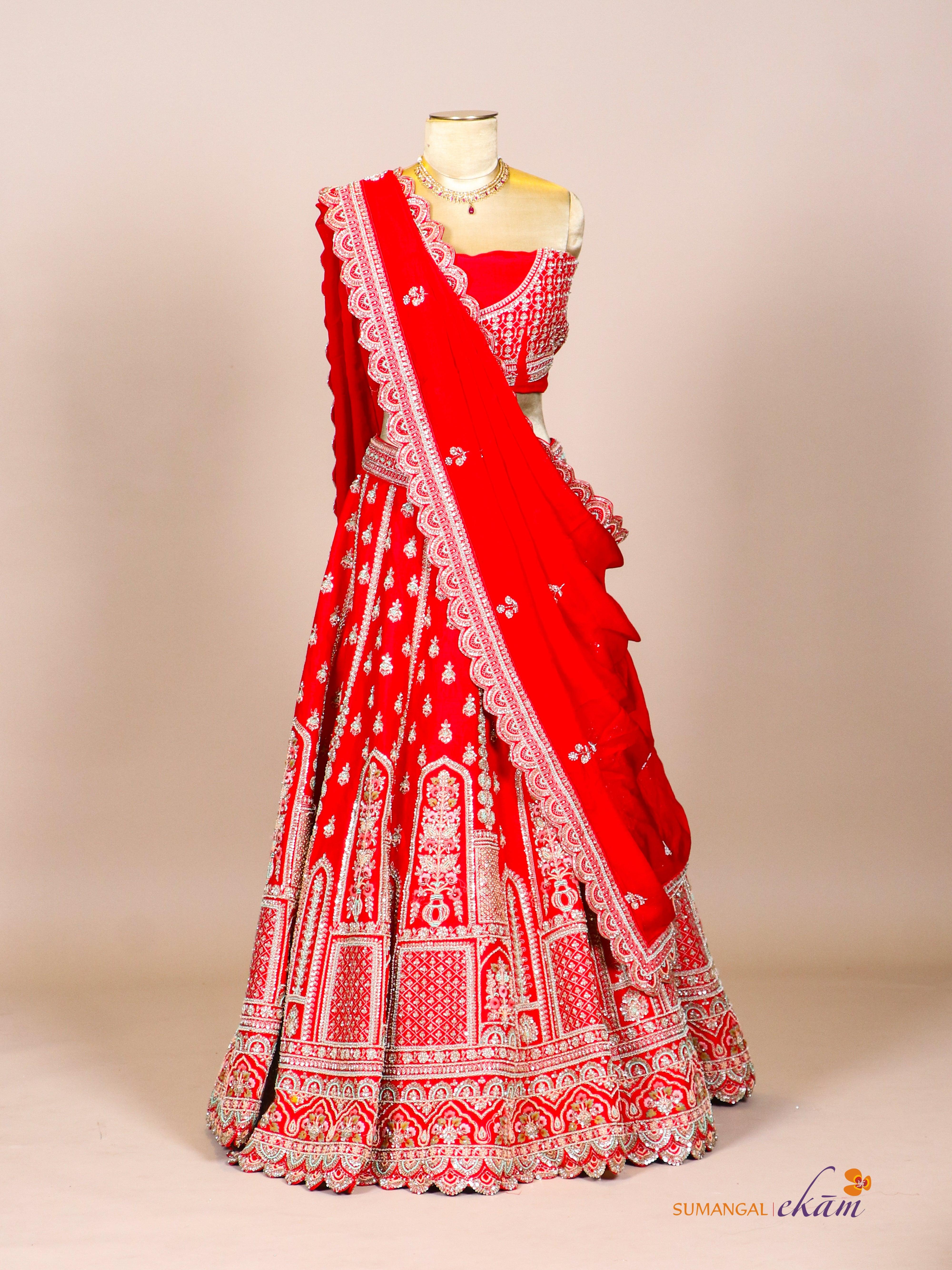 Designer Red Raw Silk Bridal Lehenga - Sumangal Ekam