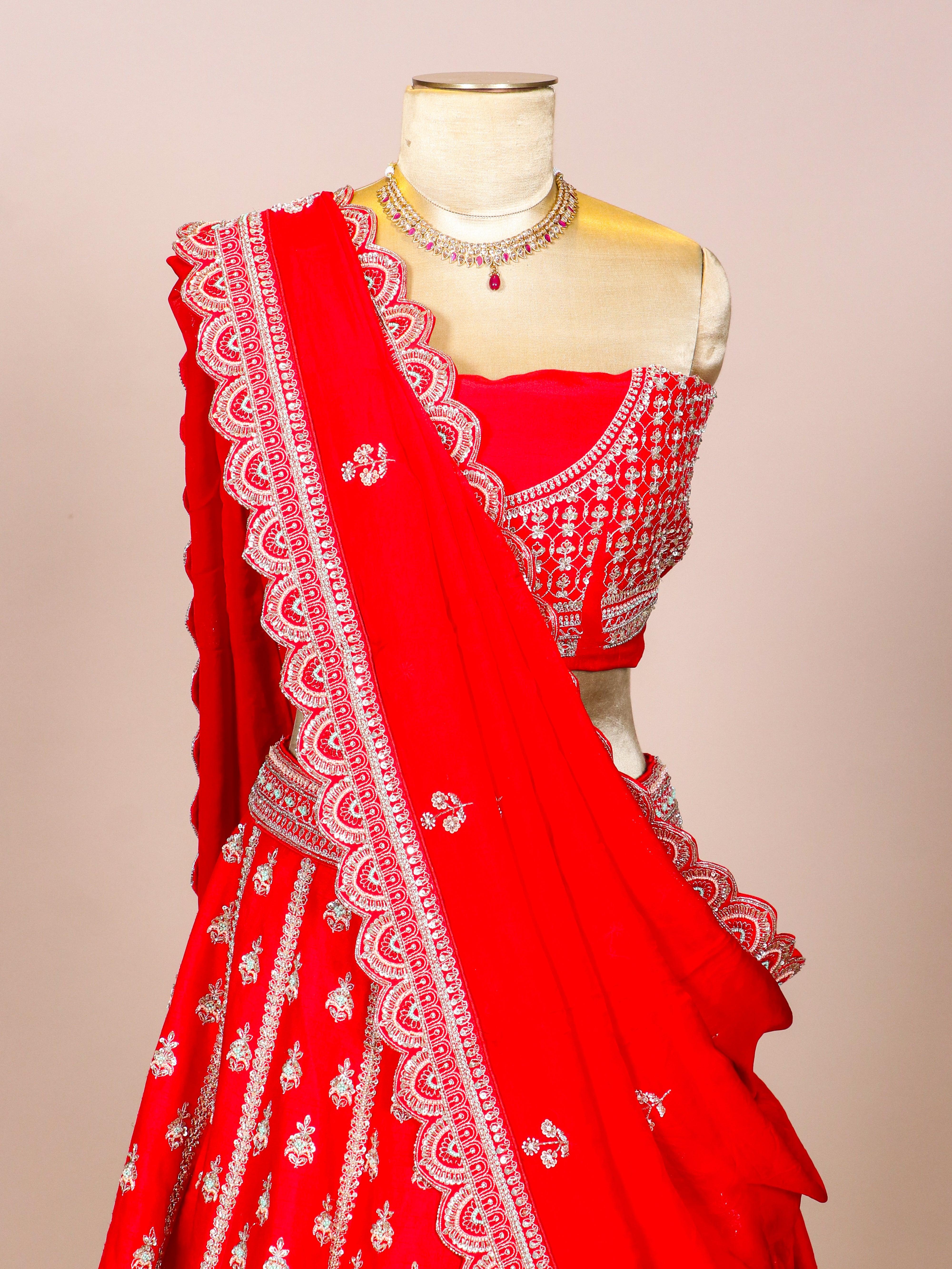 Designer Red Raw Silk Bridal Lehenga - Sumangal Ekam