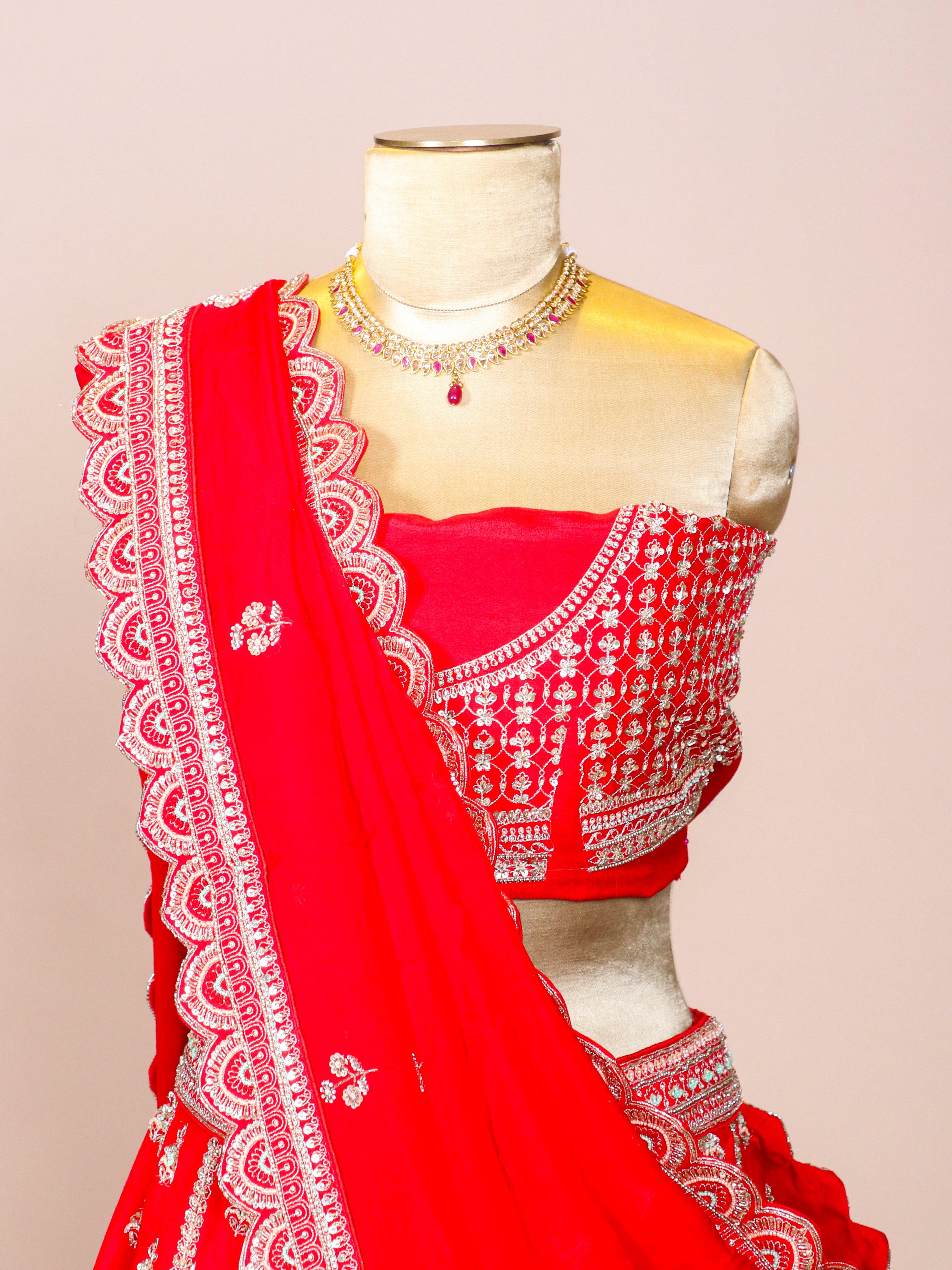Designer Red Raw Silk Bridal Lehenga - Sumangal Ekam
