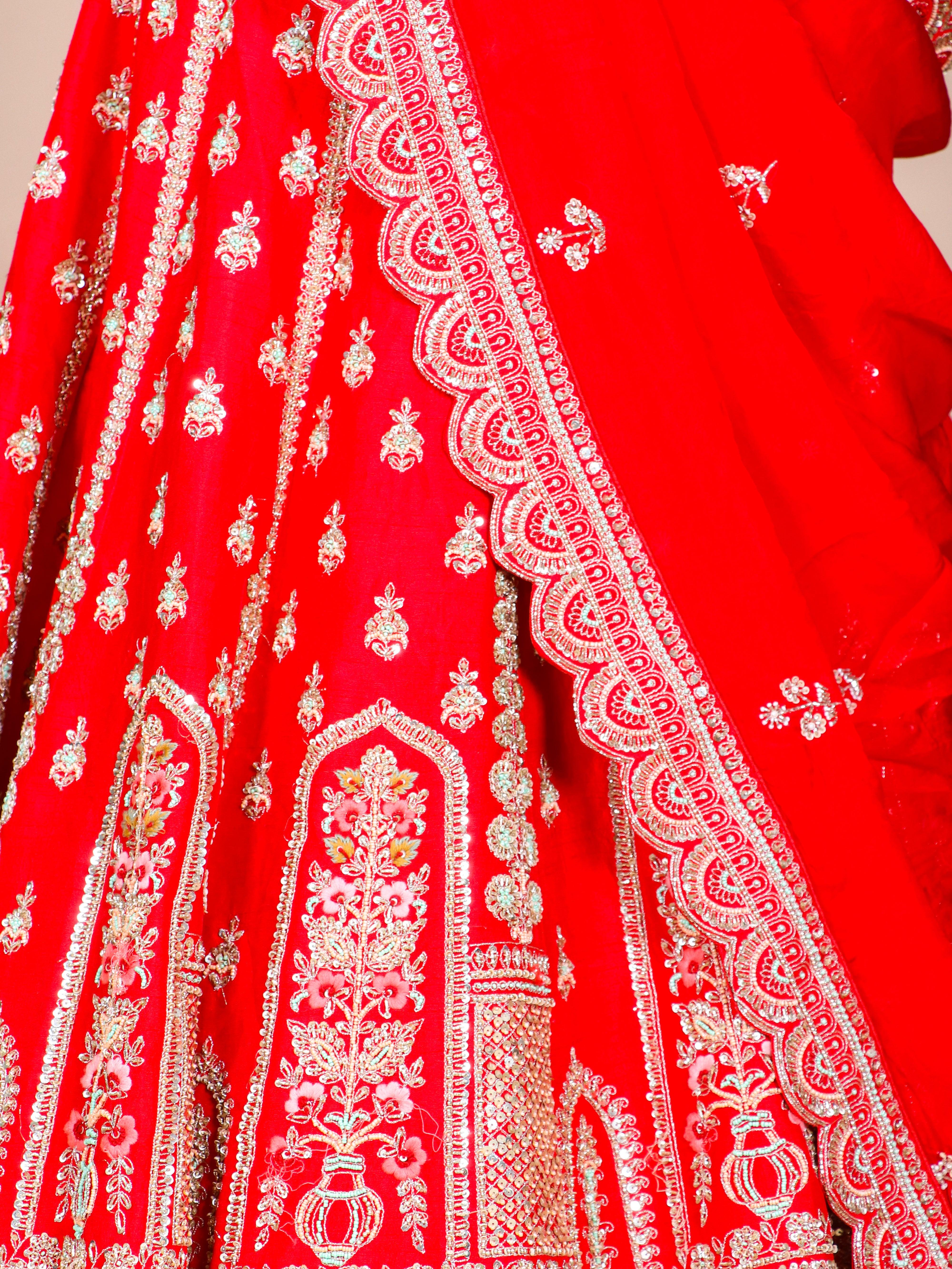 Designer Red Raw Silk Bridal Lehenga - Sumangal Ekam