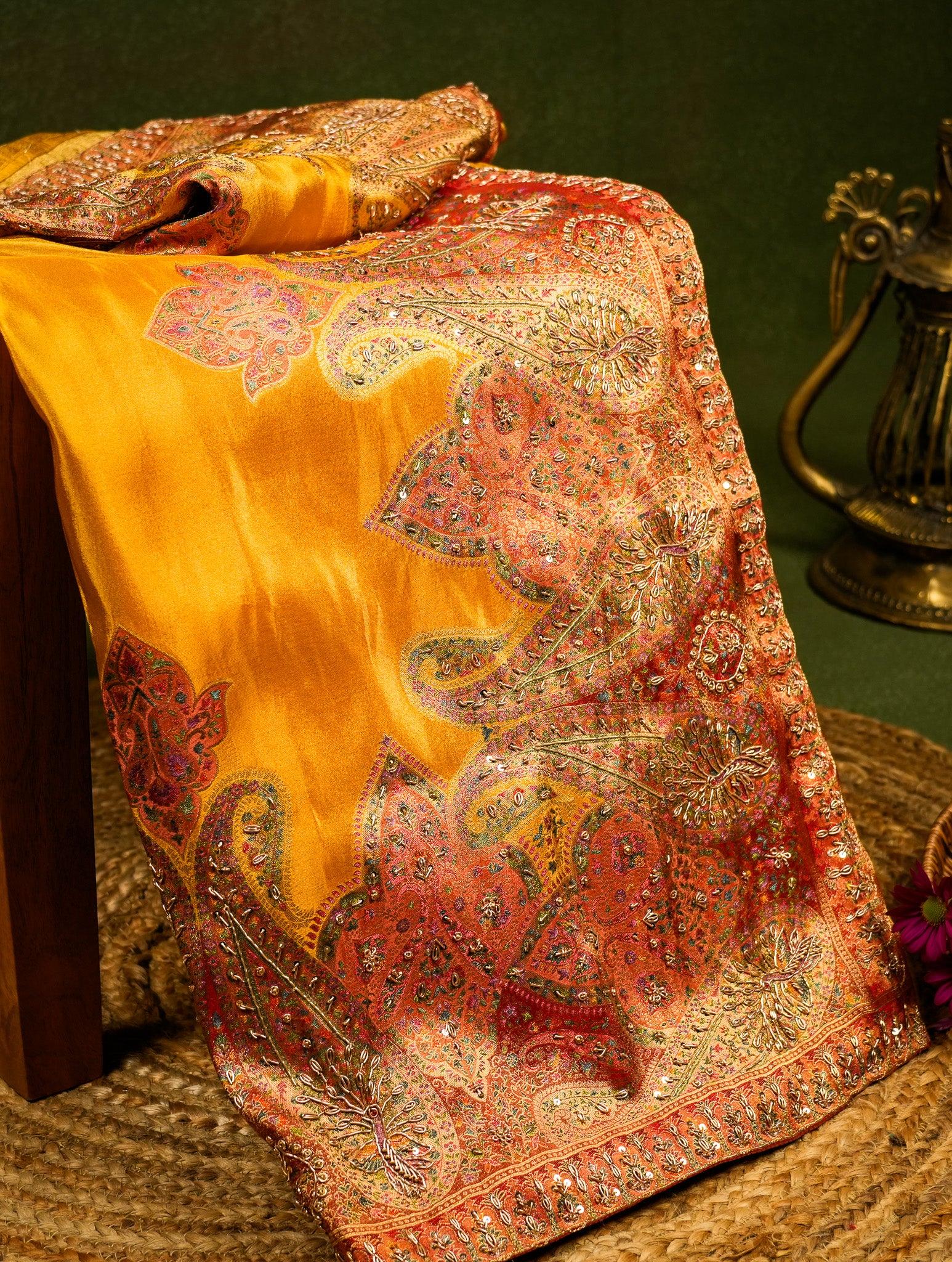 Designer Mustard Yellow Crepe Silk Saree