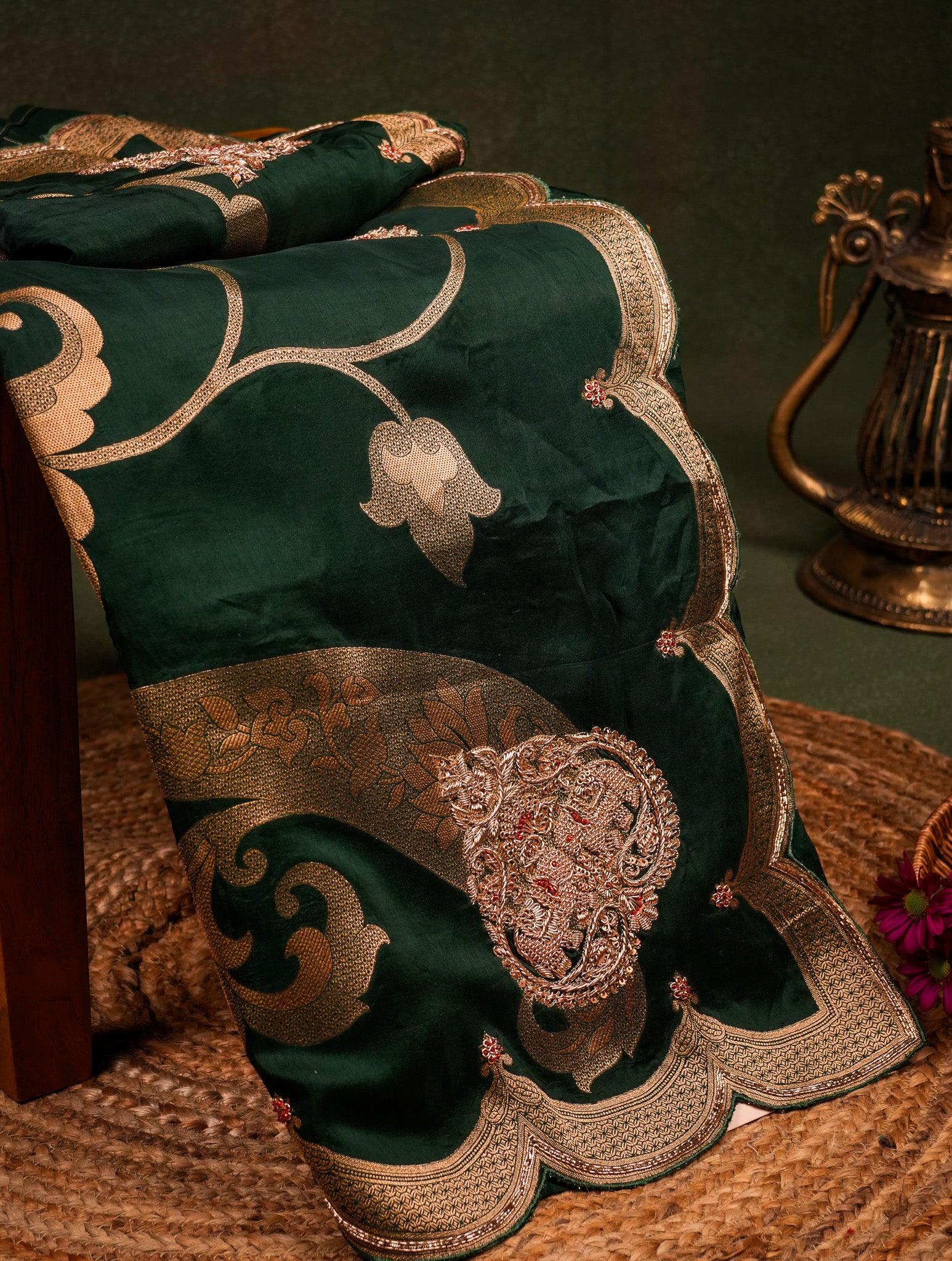 Designer Dark Green Munga Silk Saree