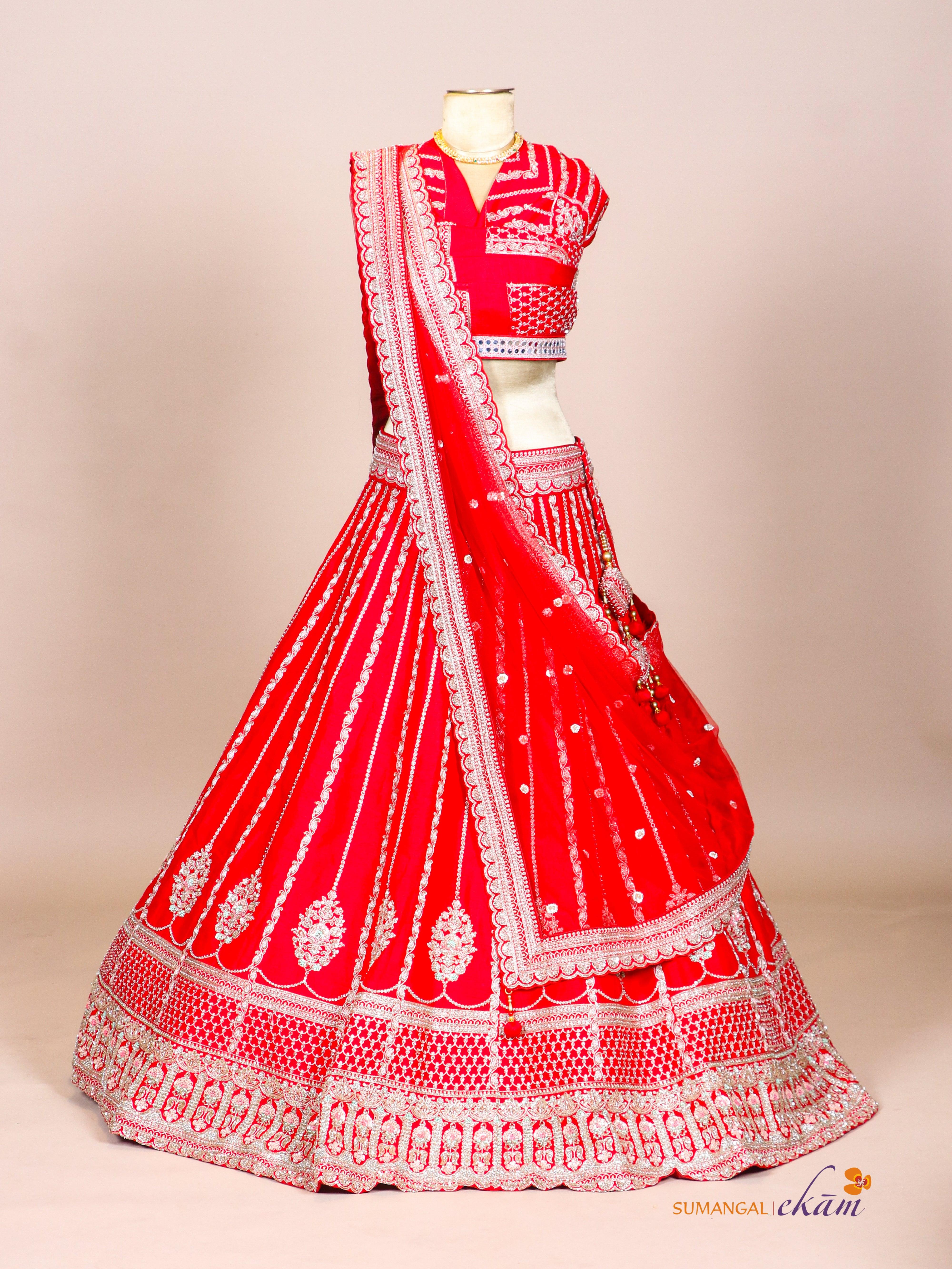 Designer Red Raw Silk Bridal Lehenga - Sumangal Ekam