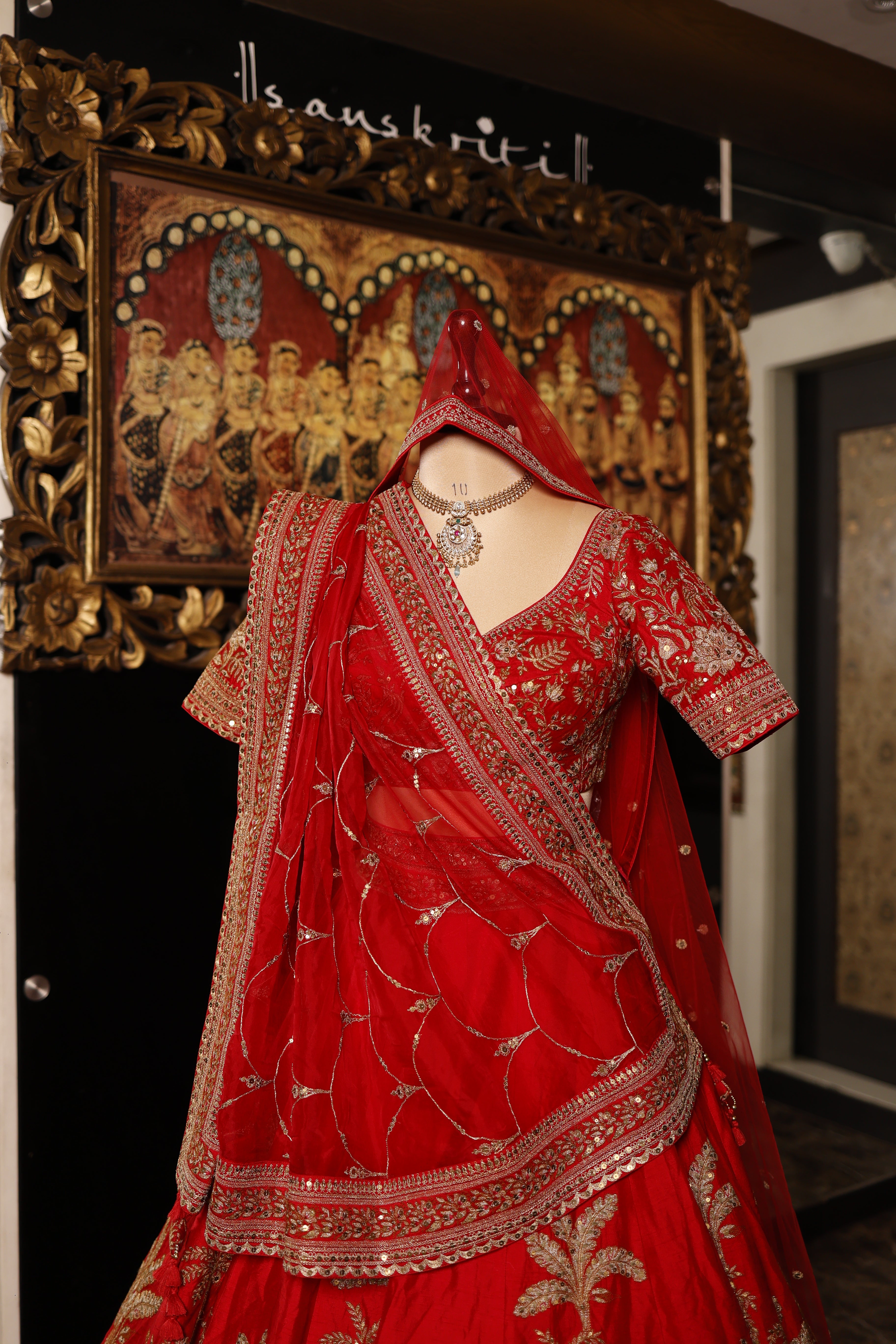 Designer Red Raw Silk Bridal Lehenga