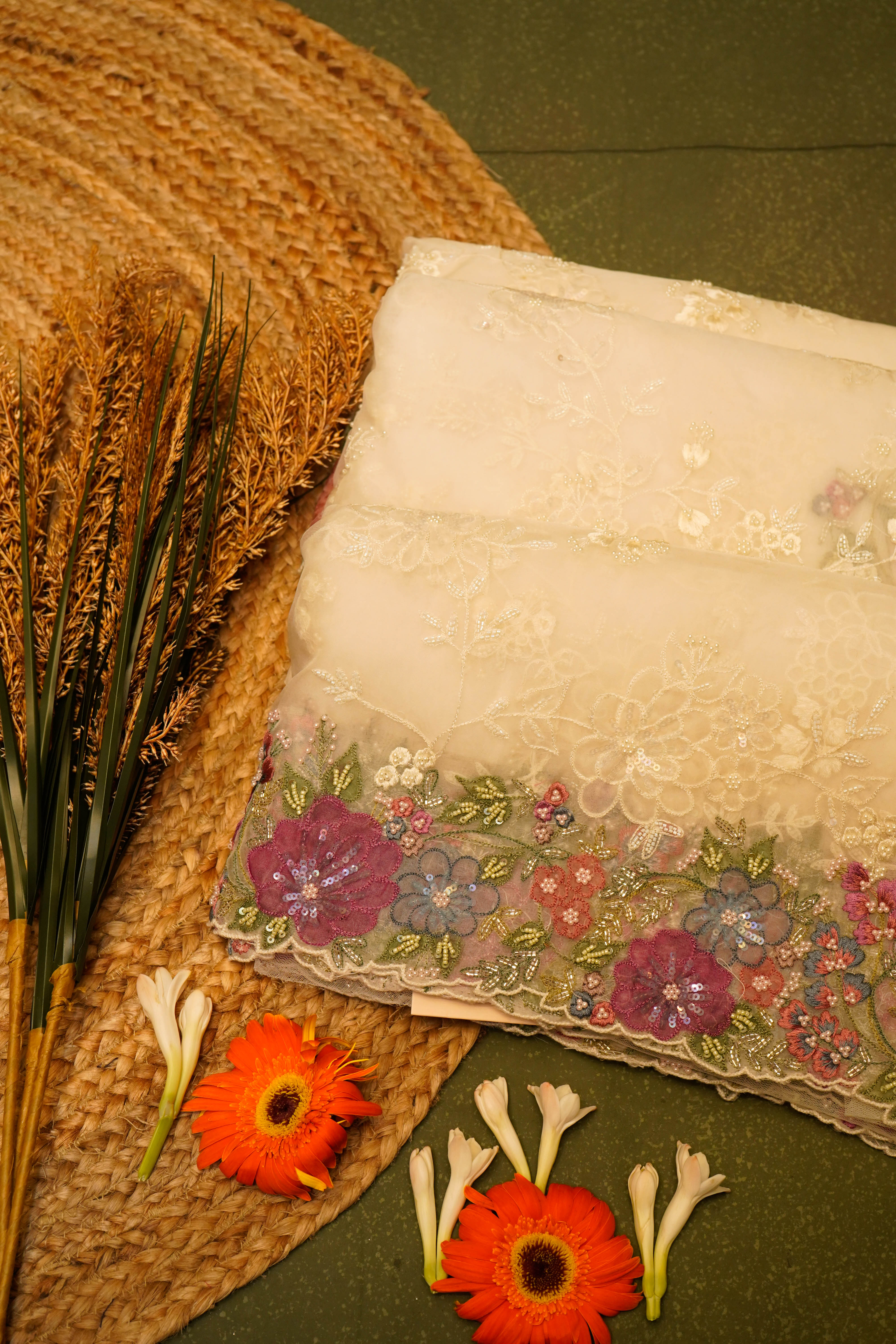 Designer Cream Organza Saree