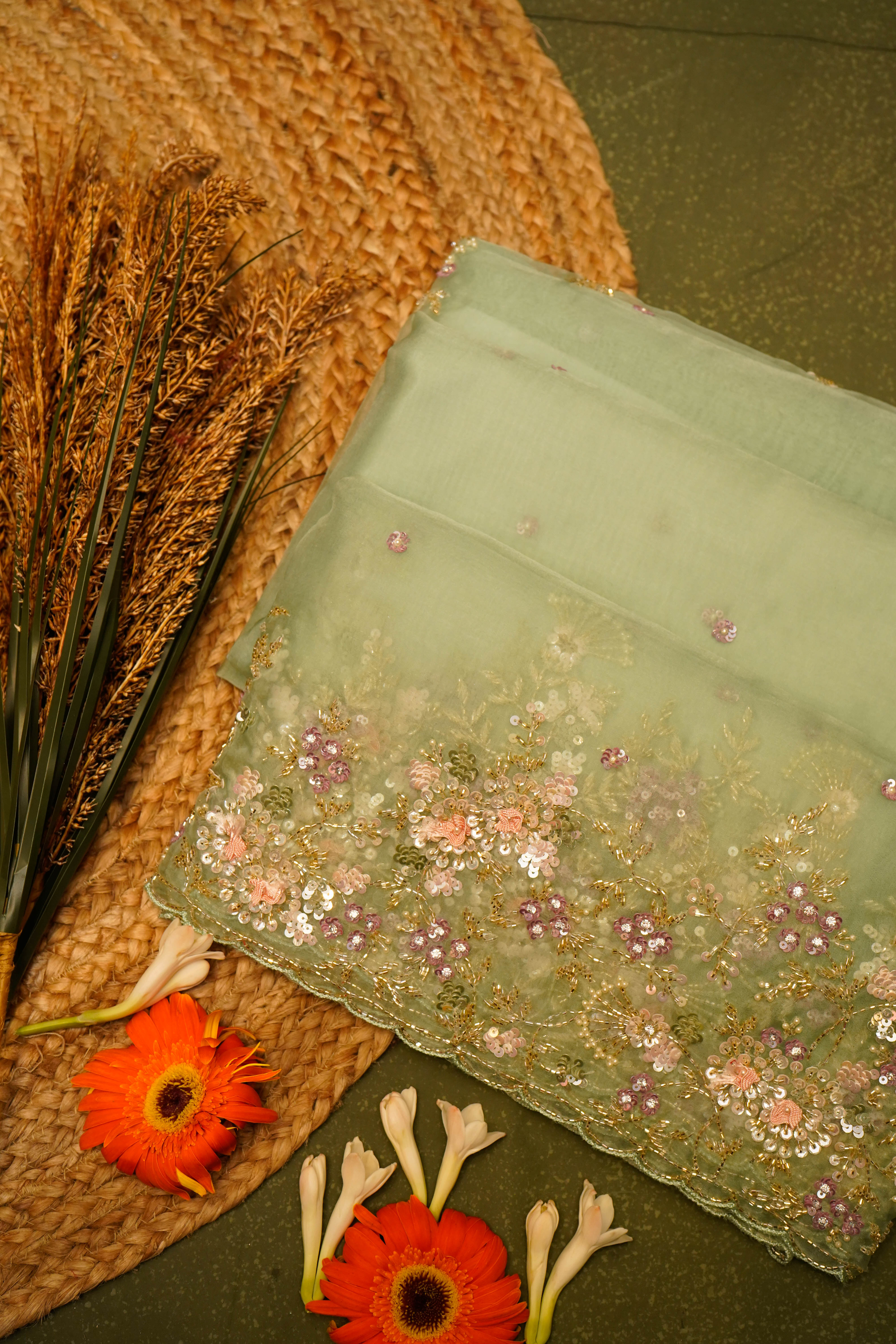 Designer Pista Green Organza Saree