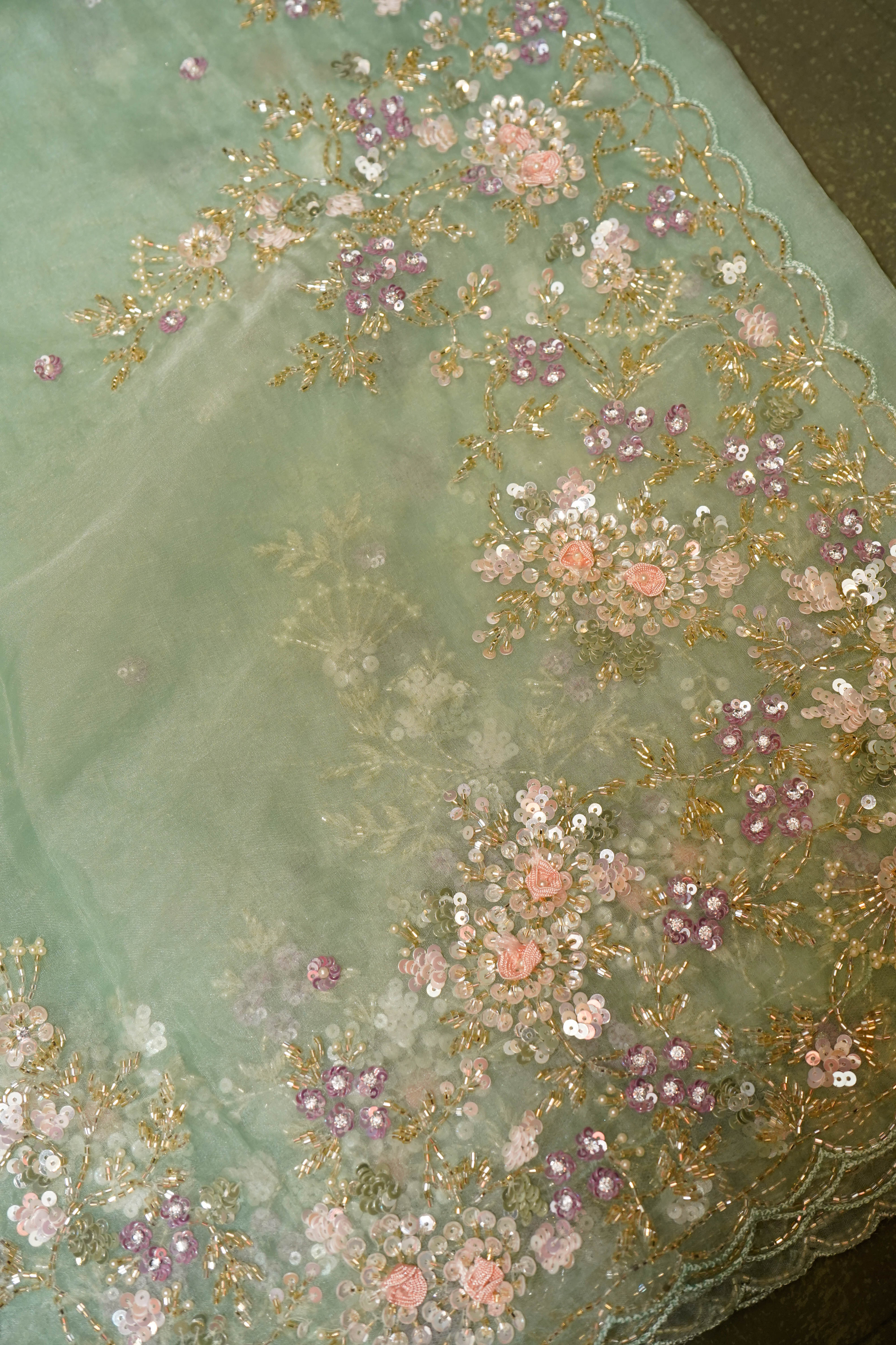 Designer Pista Green Organza Saree