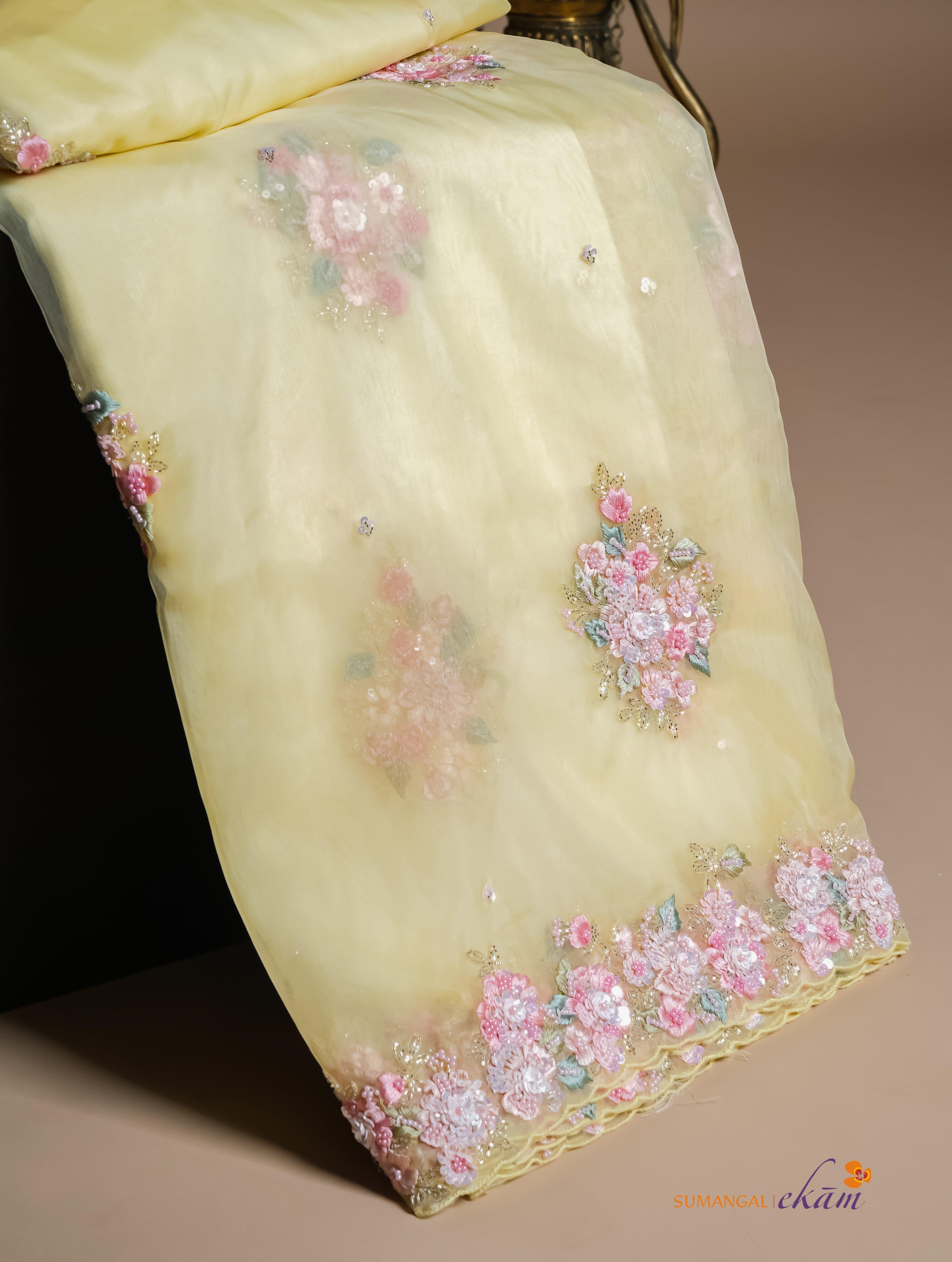 Designer Pastel Yellow Organza Saree - Sumangal Ekam