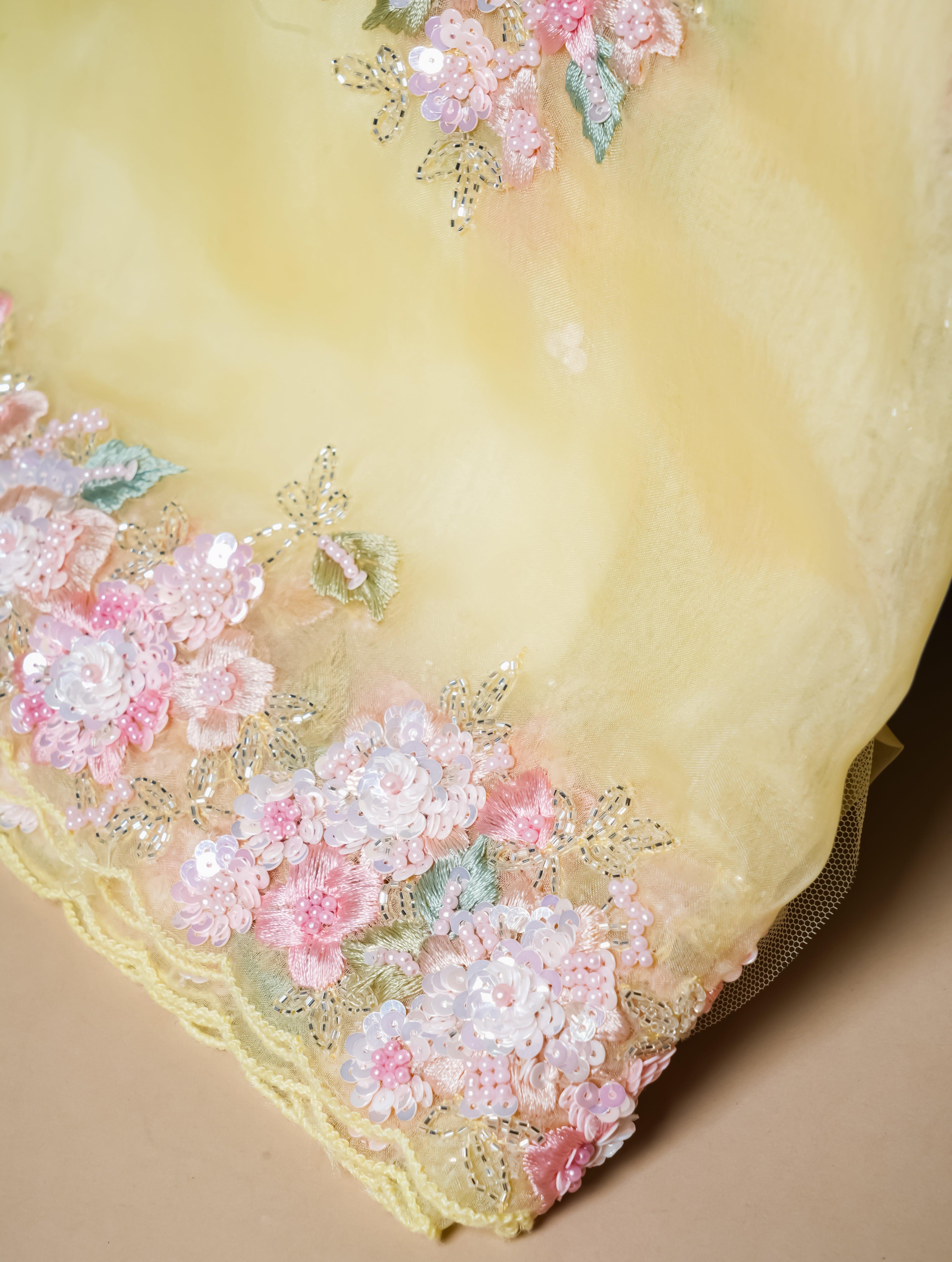 Designer Pastel Yellow Organza Saree - Sumangal Ekam