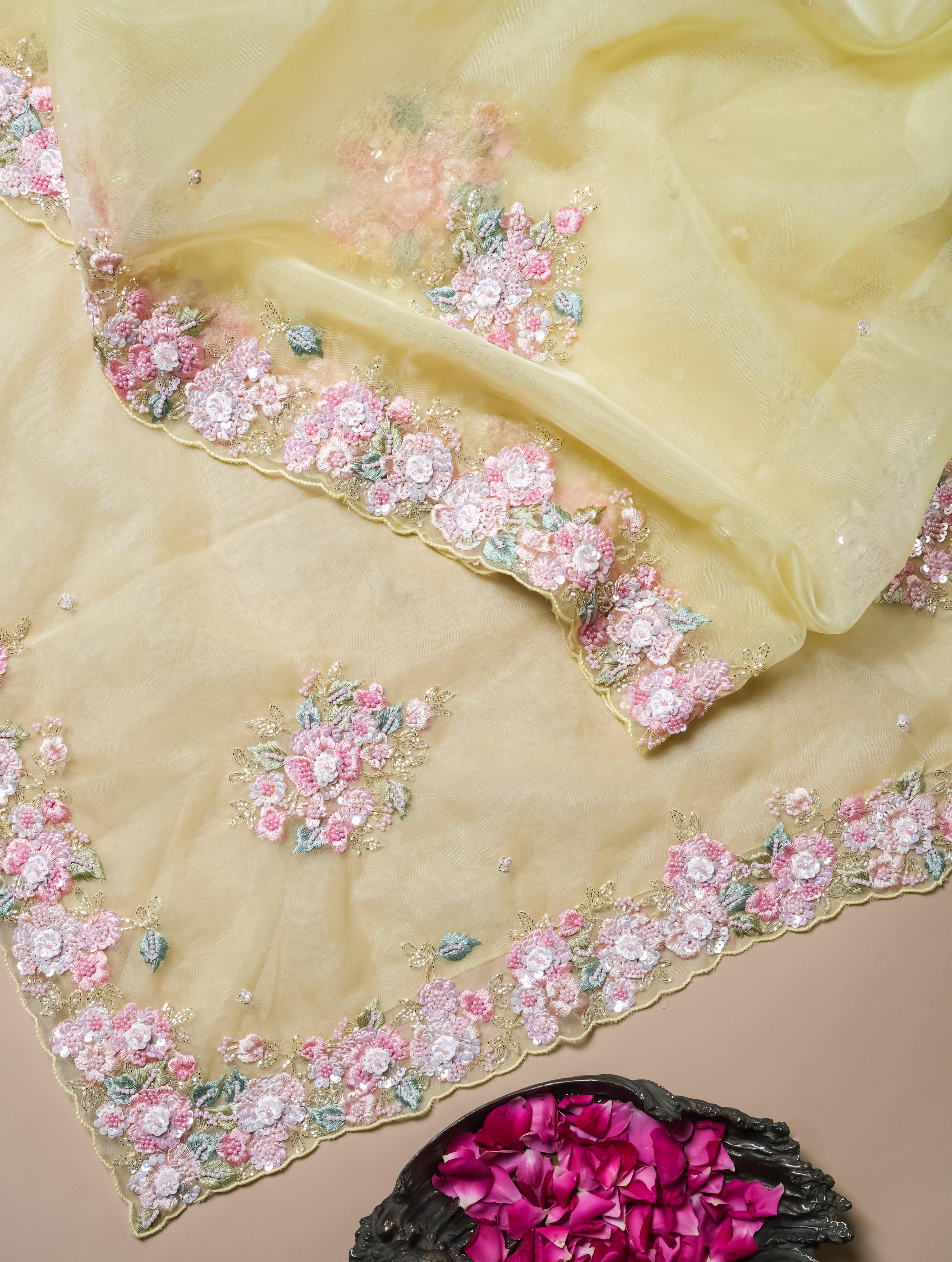 Designer Pastel Yellow Organza Saree - Sumangal Ekam