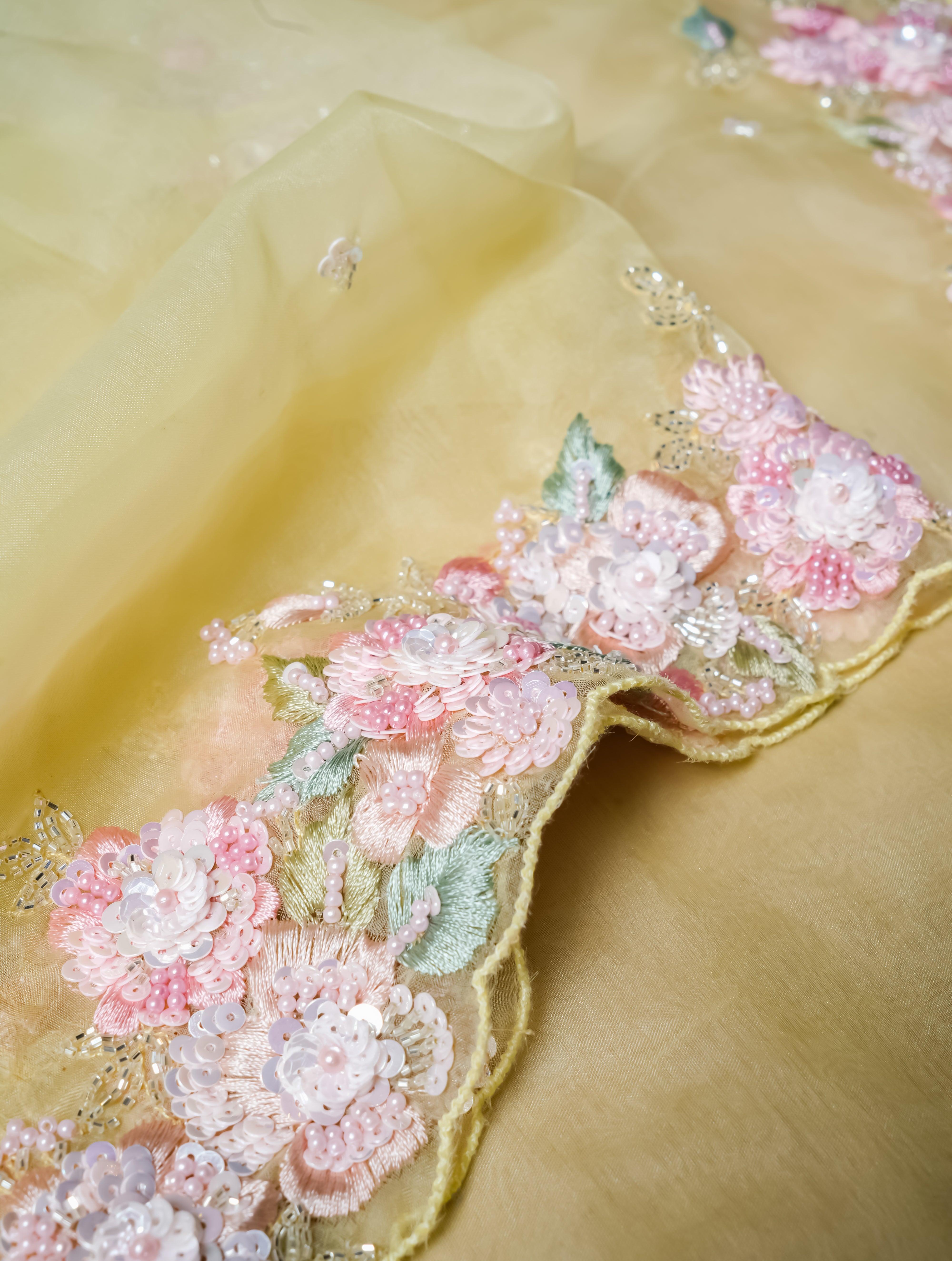 Designer Pastel Yellow Organza Saree - Sumangal Ekam