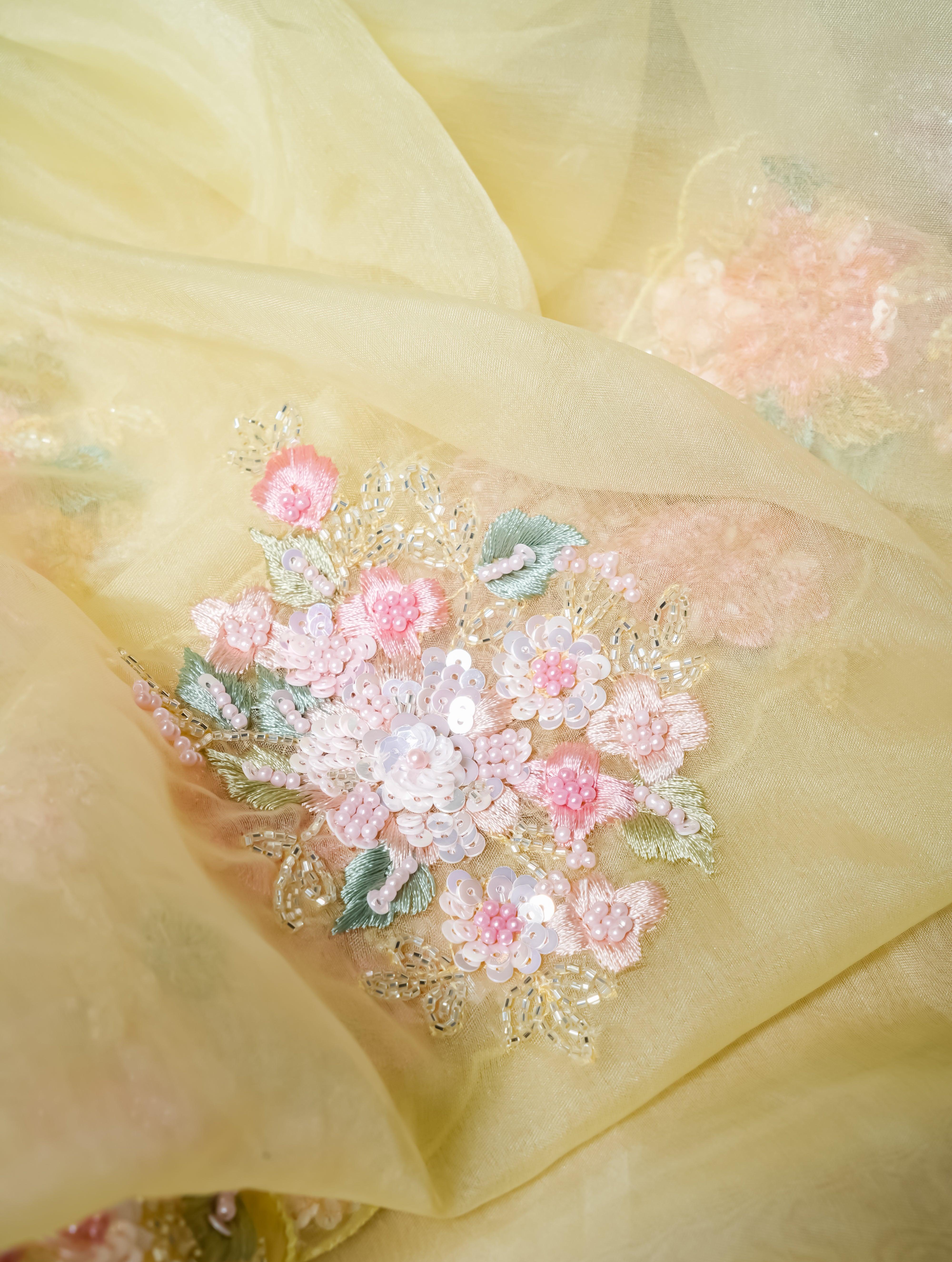 Designer Pastel Yellow Organza Saree - Sumangal Ekam