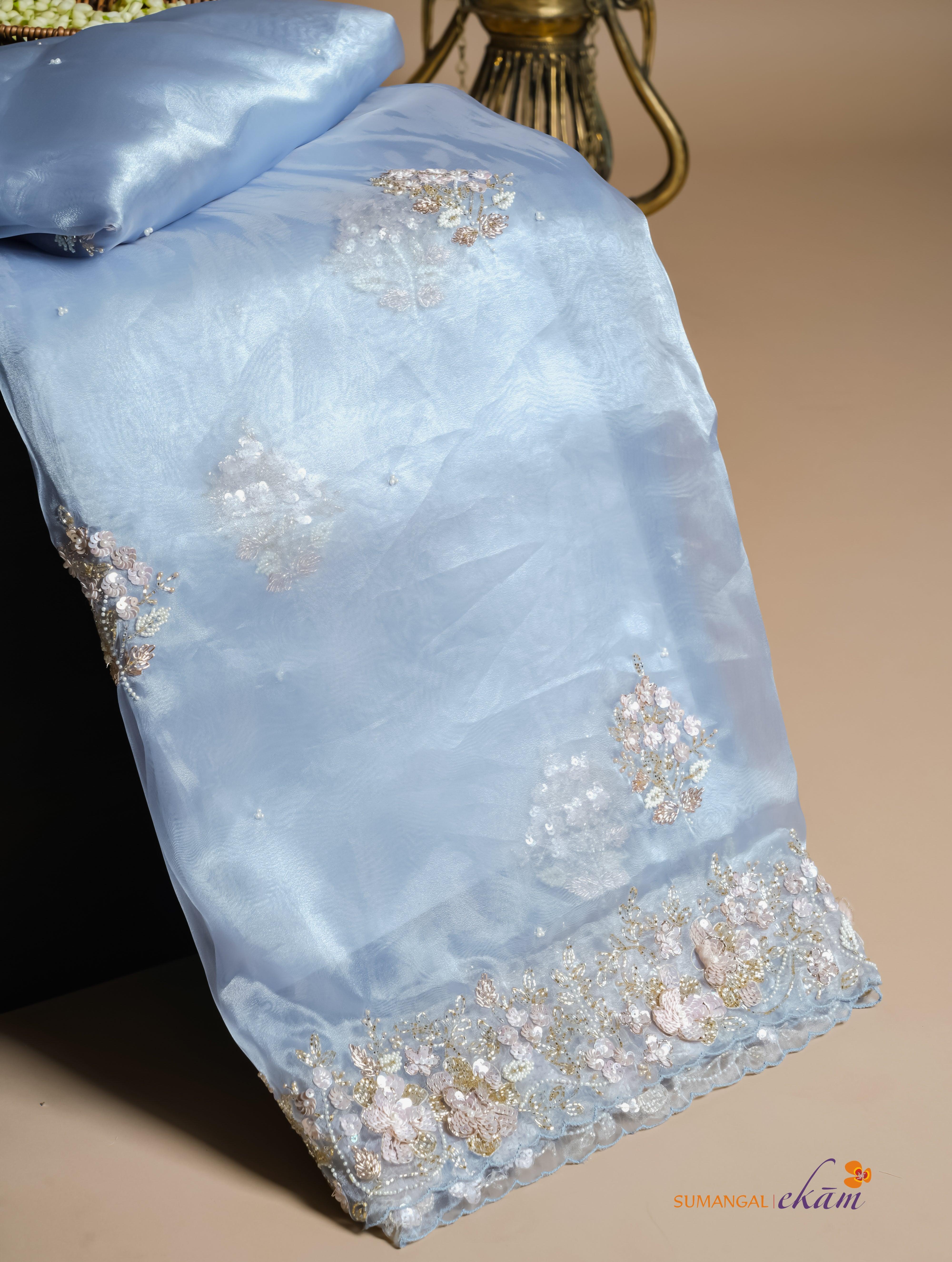 Designer Pastel Blue Organza Tissue Silk Saree - Sumangal Ekam