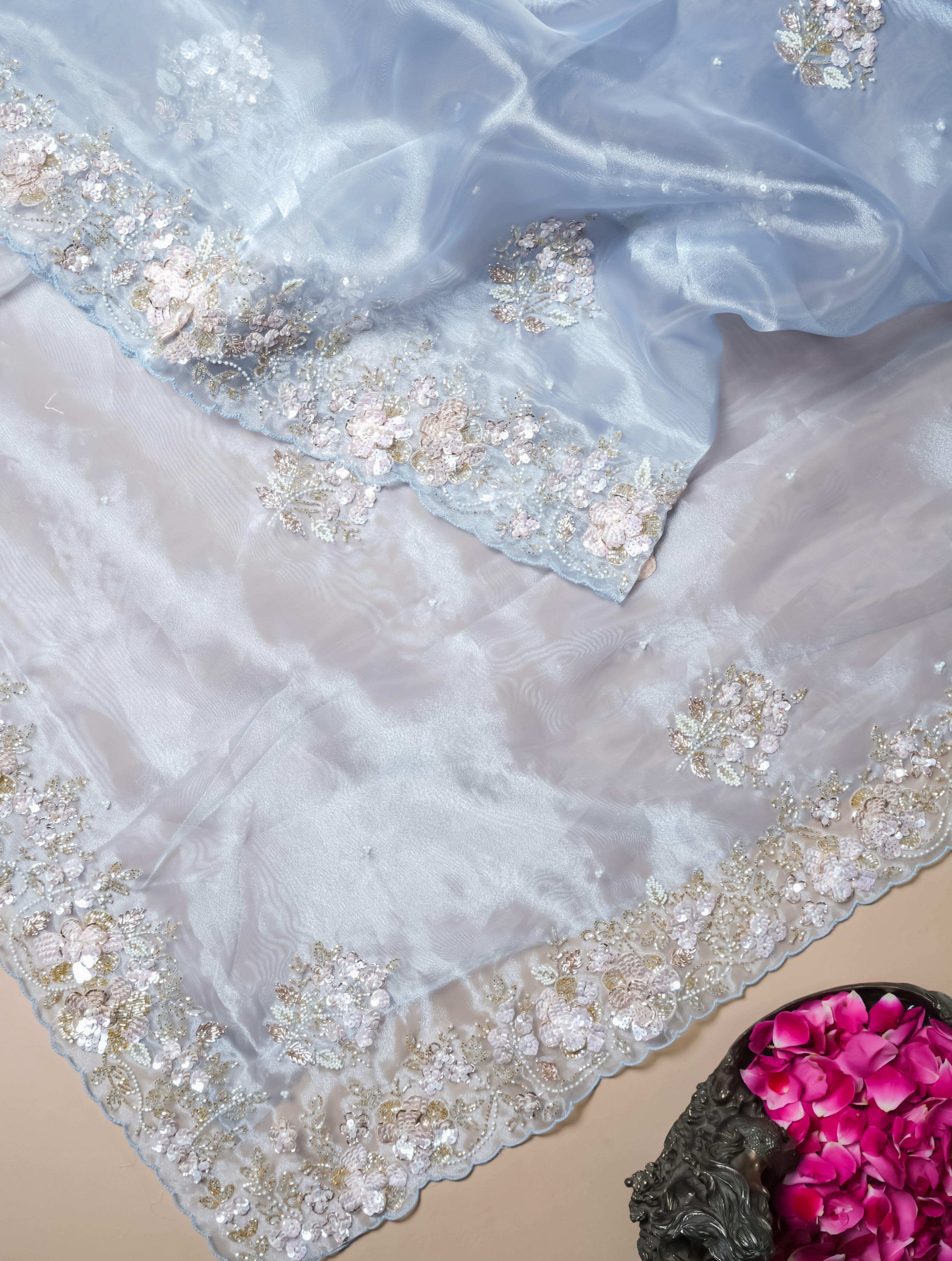 Designer Pastel Blue Organza Tissue Silk Saree - Sumangal Ekam