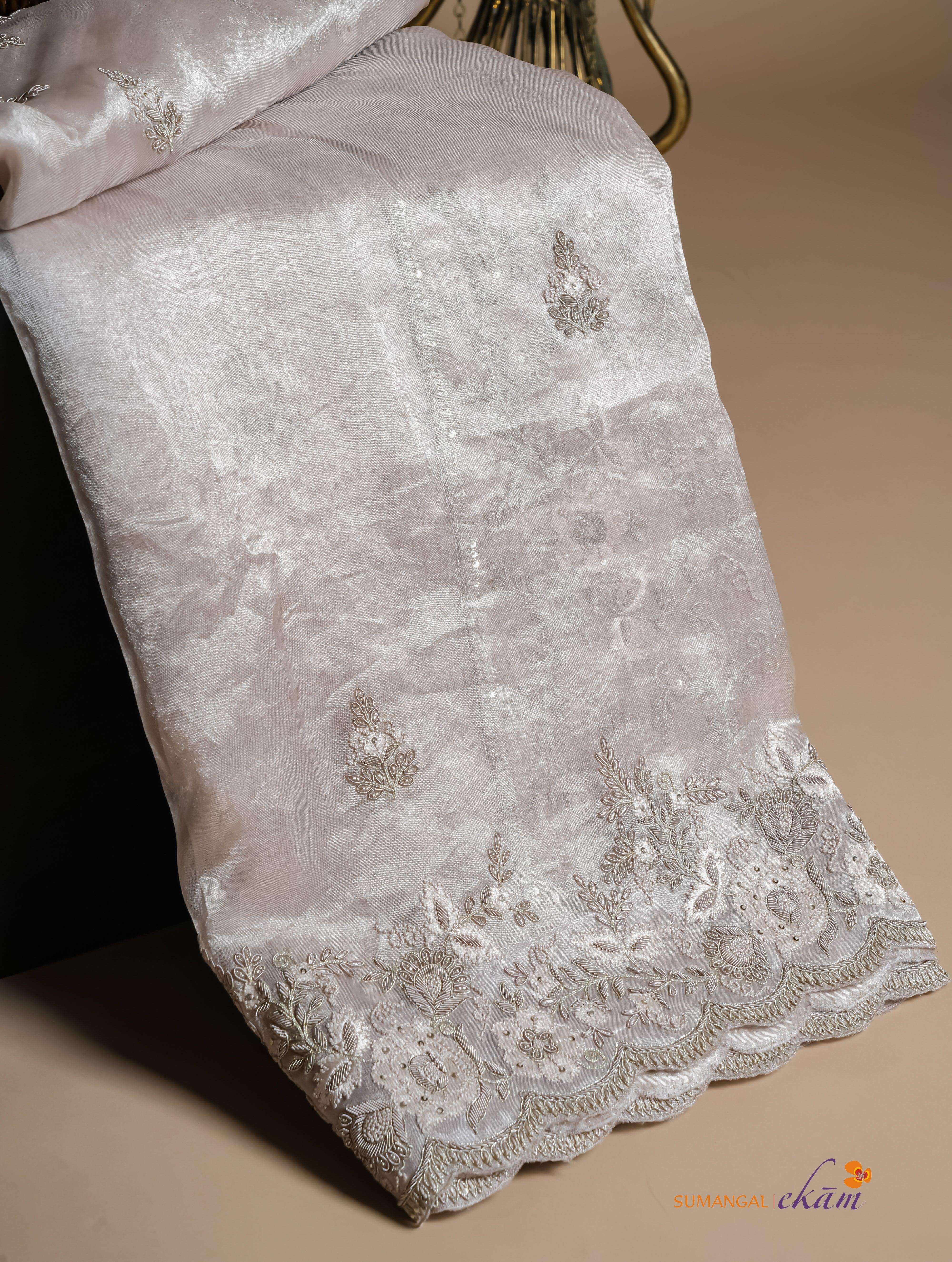 Designer Silver Organza Tissue Silk Saree - Sumangal Ekam