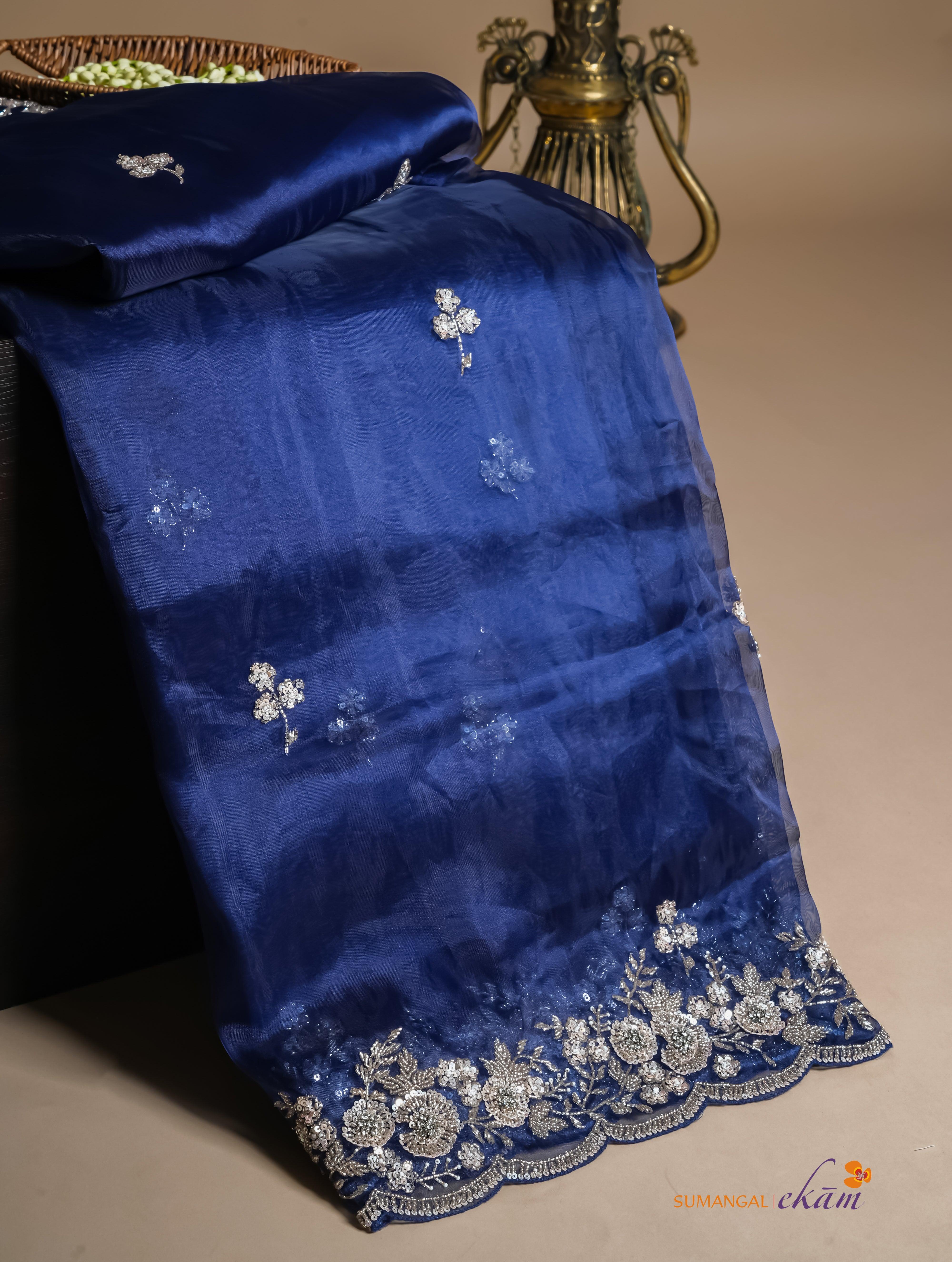 Designer Navy Blue Organza Tissue Silk Saree - Sumangal Ekam