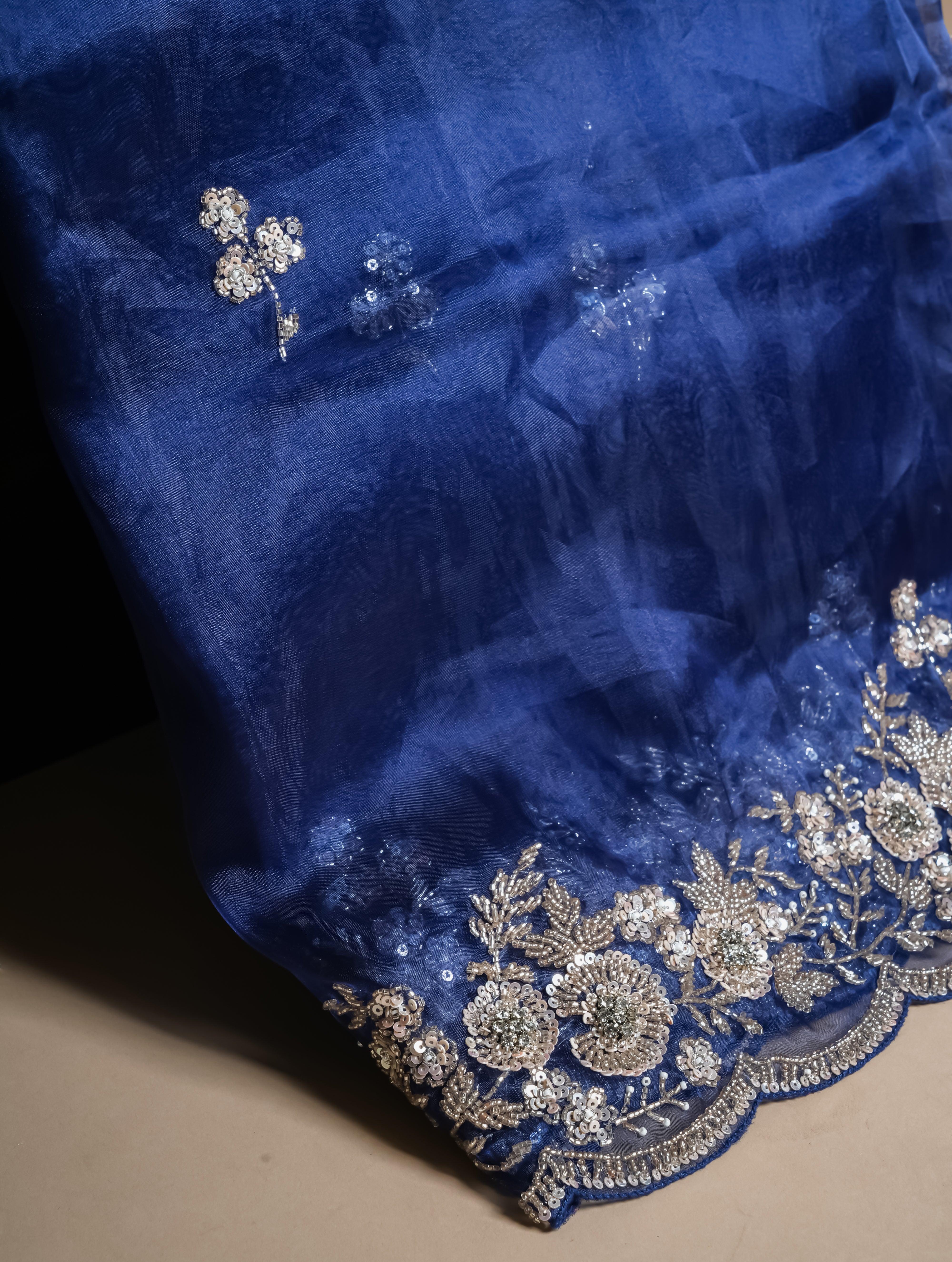 Designer Navy Blue Organza Tissue Silk Saree - Sumangal Ekam