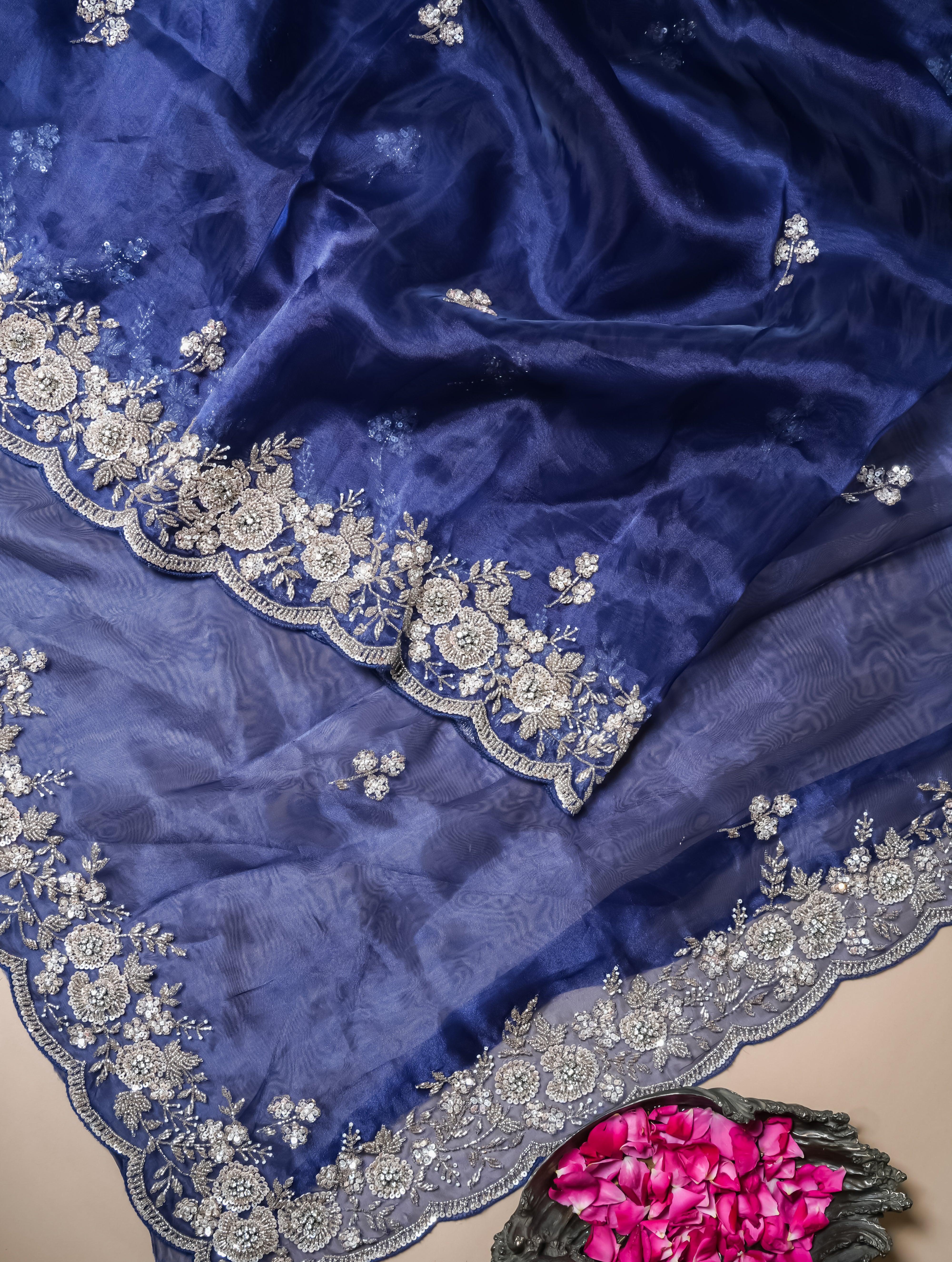 Designer Navy Blue Organza Tissue Silk Saree - Sumangal Ekam