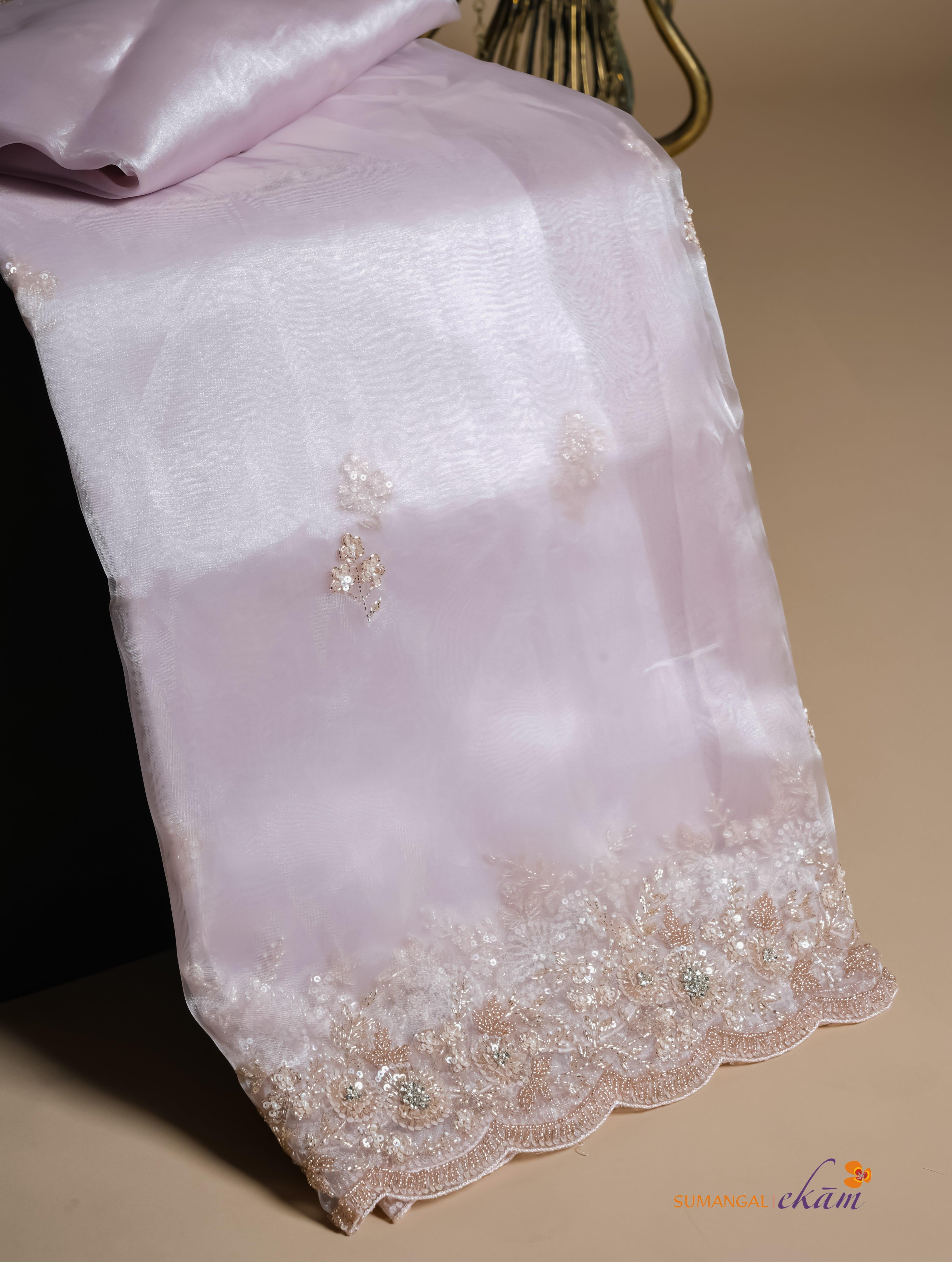 Designer Pinkish White Organza Tissue Silk Saree - Sumangal Ekam