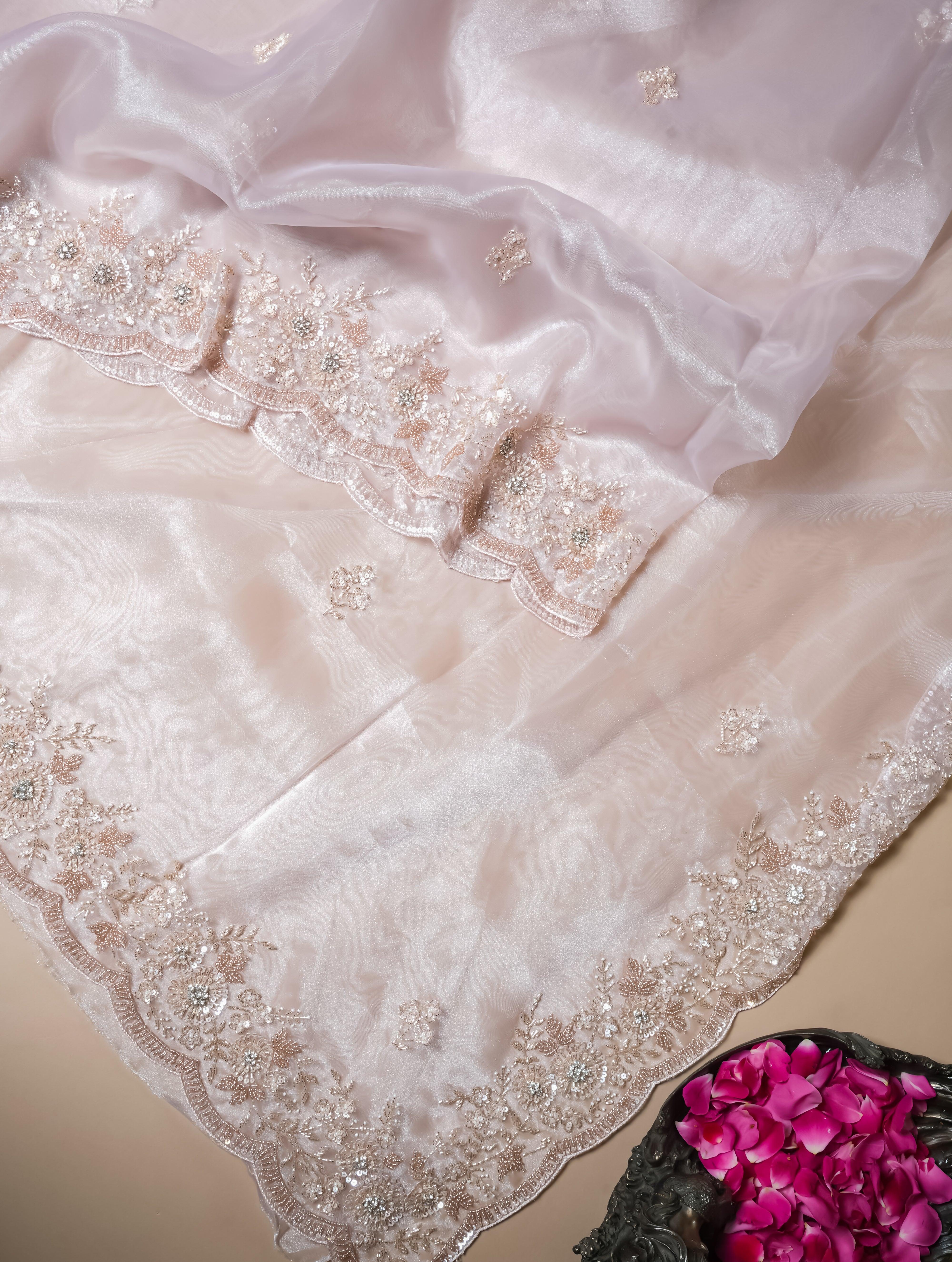Designer Pinkish White Organza Tissue Silk Saree - Sumangal Ekam