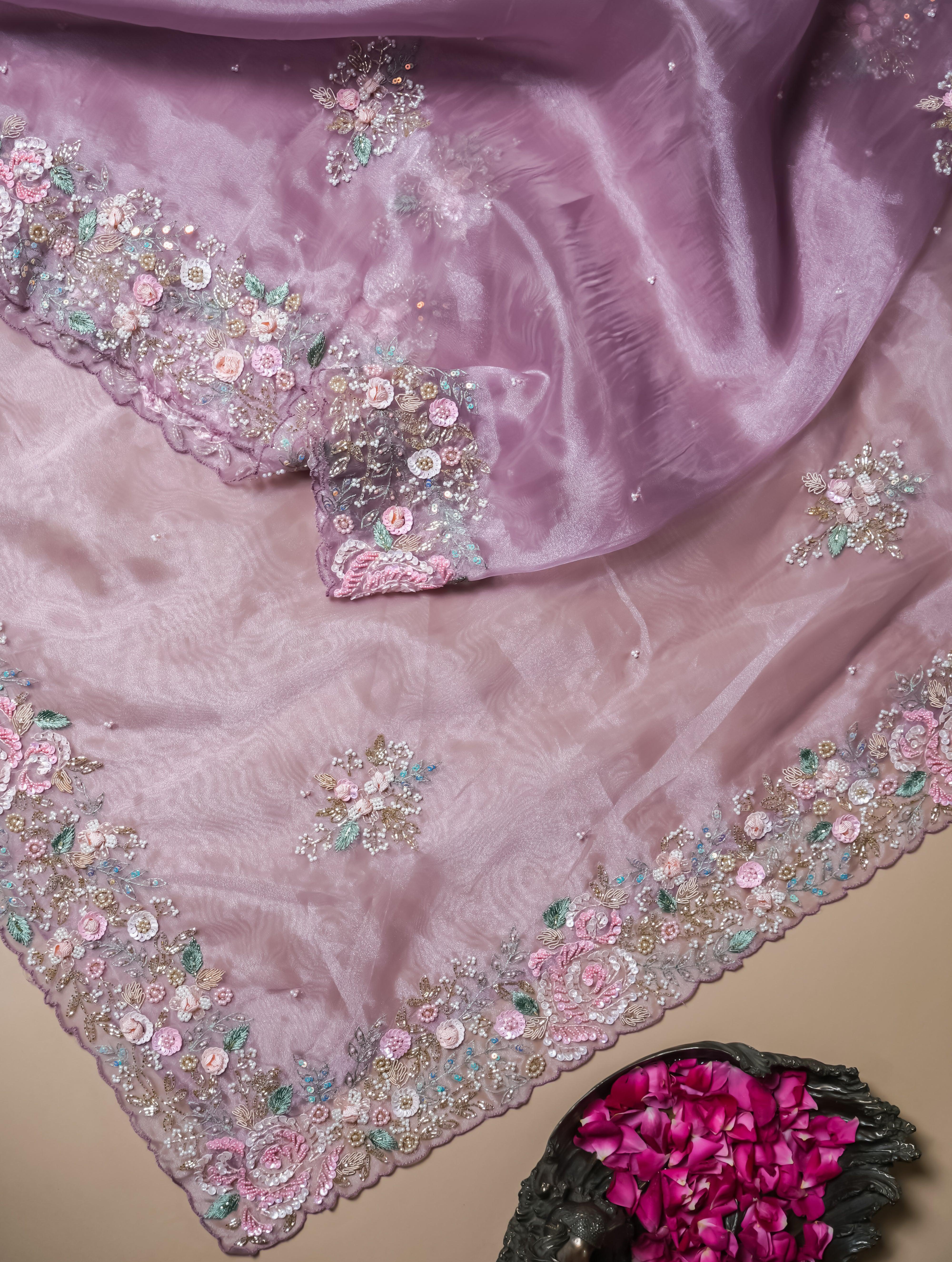 Designer Onion Pink Organza Tissue Silk Saree - Sumangal Ekam