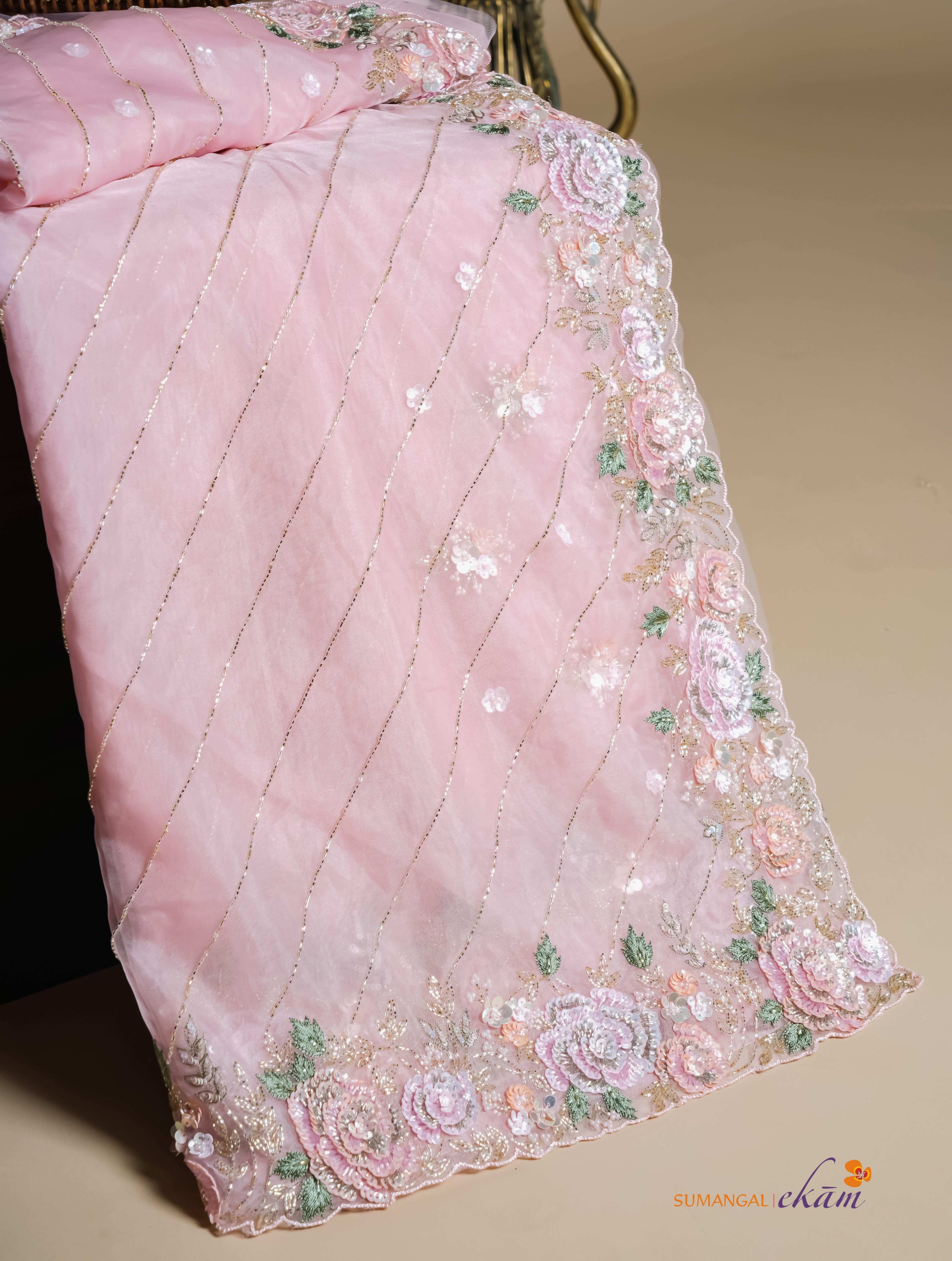 Designer Baby Pink Organza Tissue Silk Saree - Sumangal Ekam