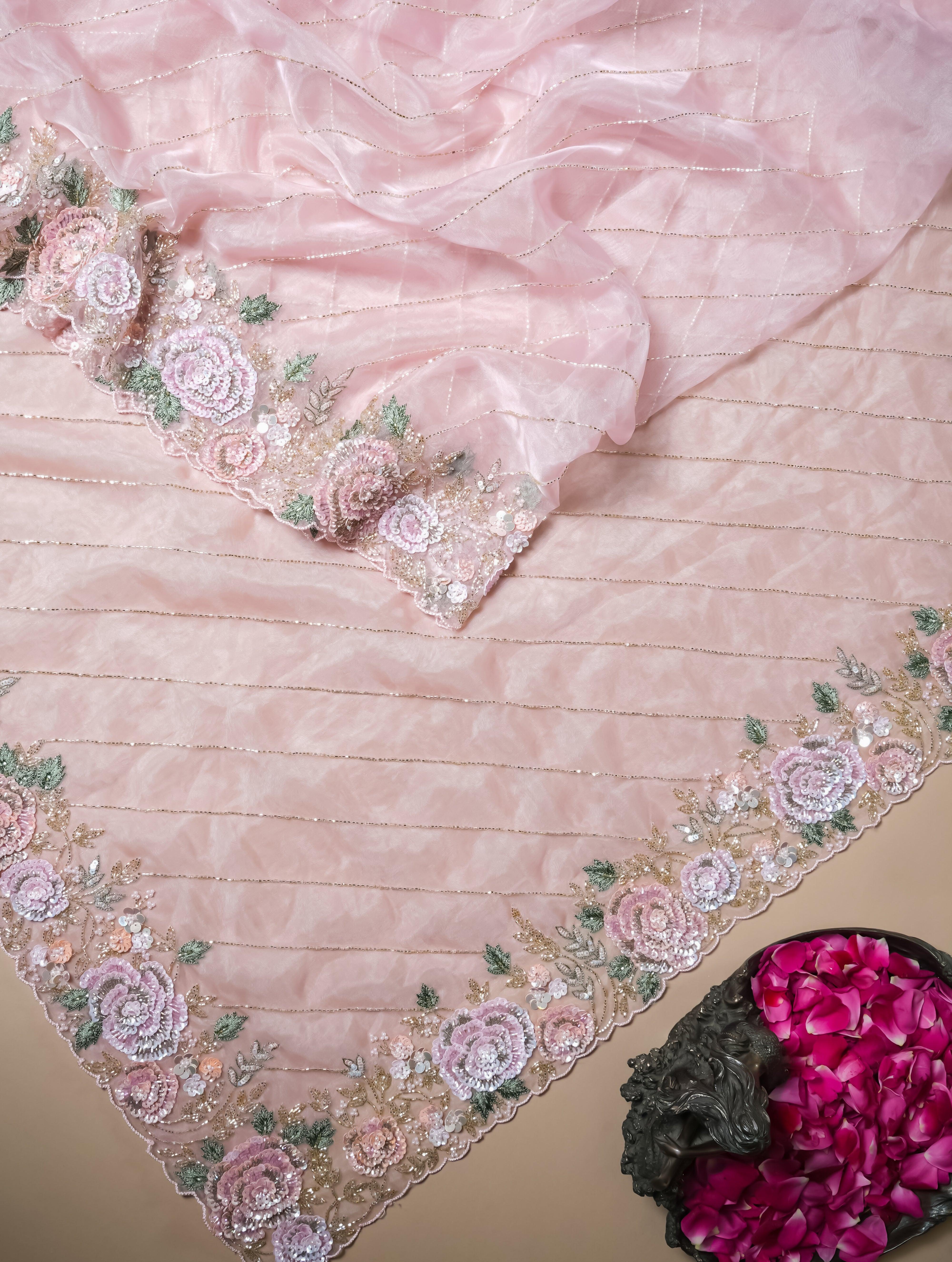 Designer Baby Pink Organza Tissue Silk Saree - Sumangal Ekam
