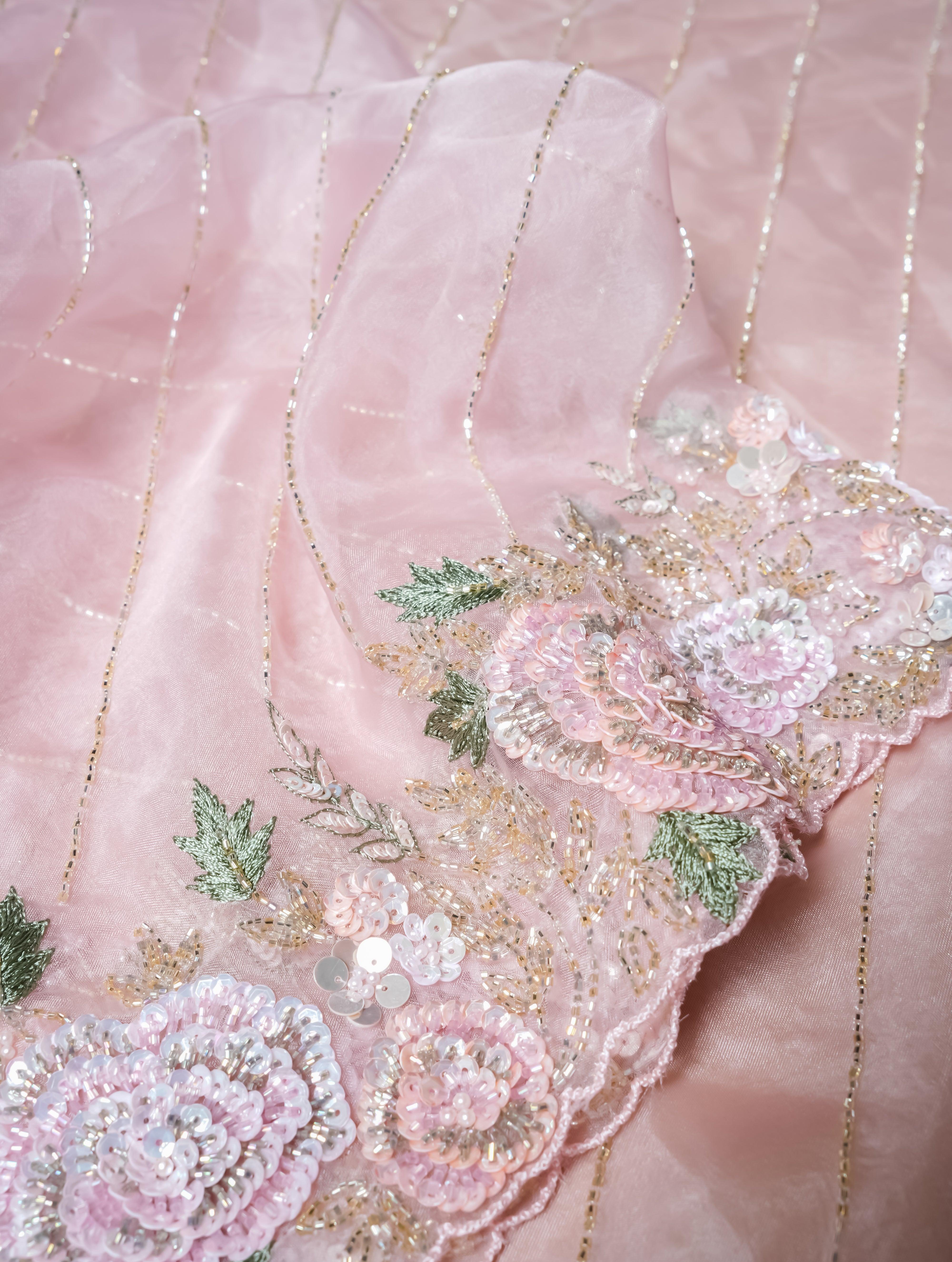 Designer Baby Pink Organza Tissue Silk Saree - Sumangal Ekam
