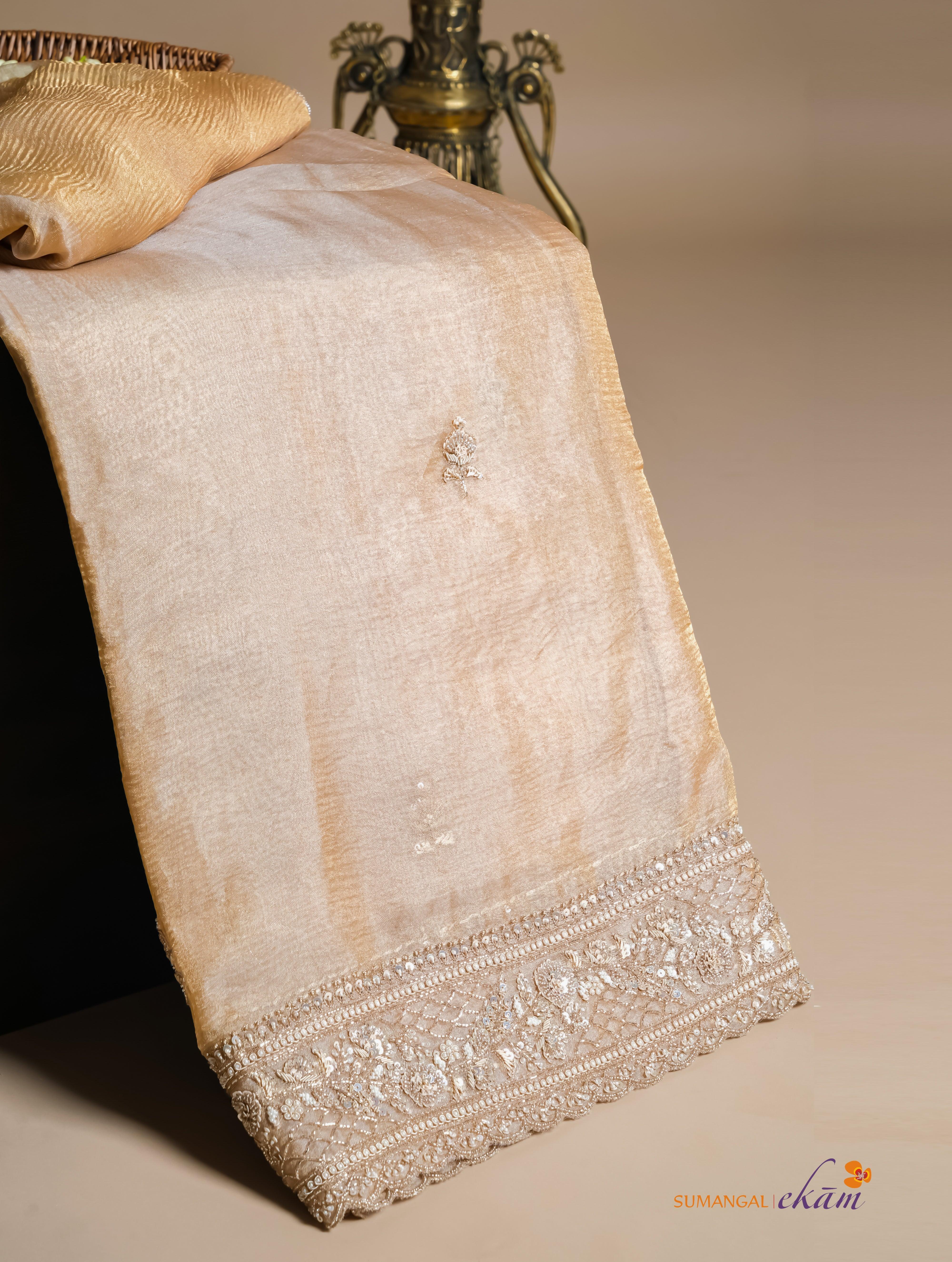 Designer Beige Organza Tissue Silk Saree - Sumangal Ekam