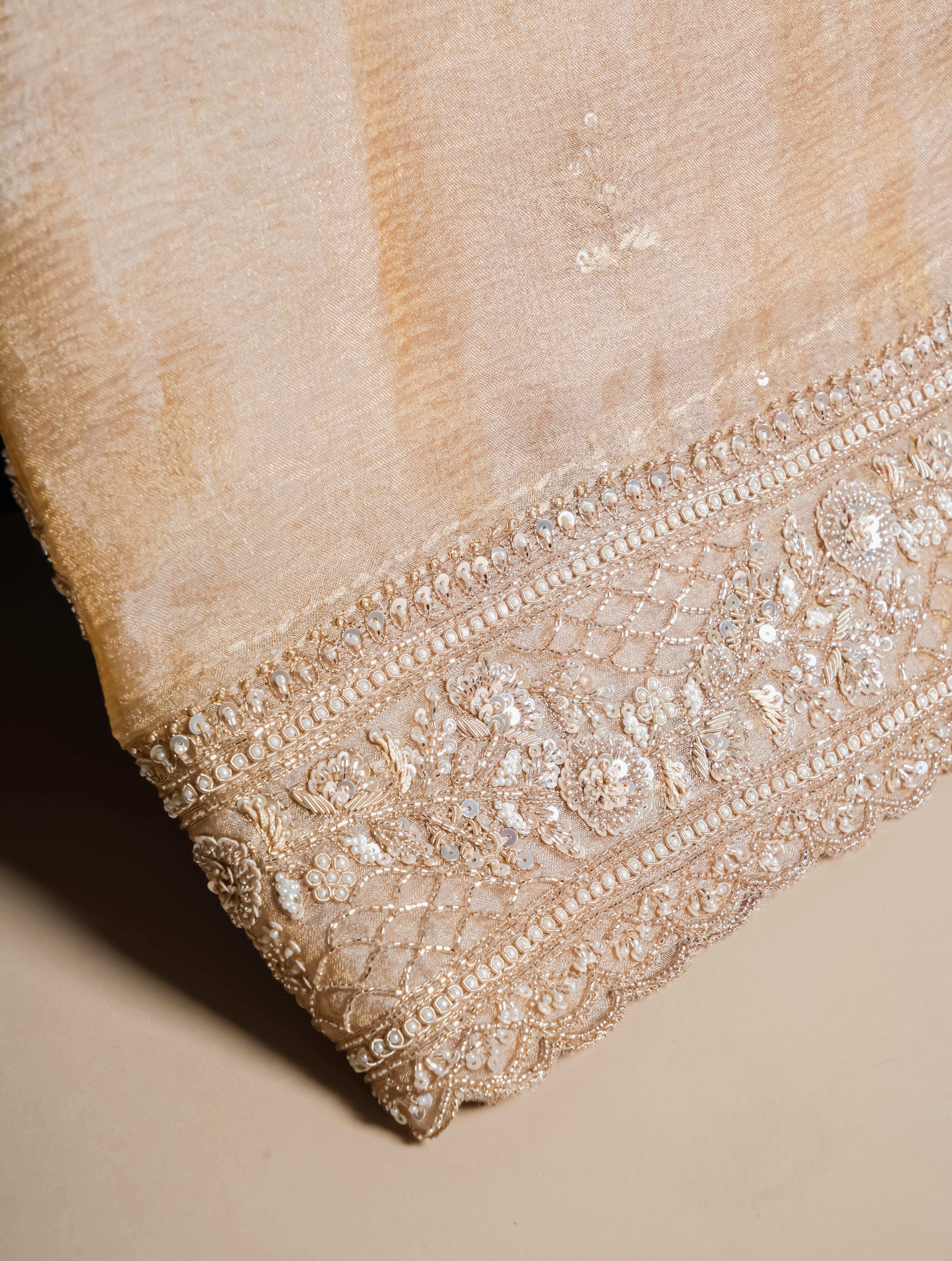 Designer Beige Organza Tissue Silk Saree - Sumangal Ekam