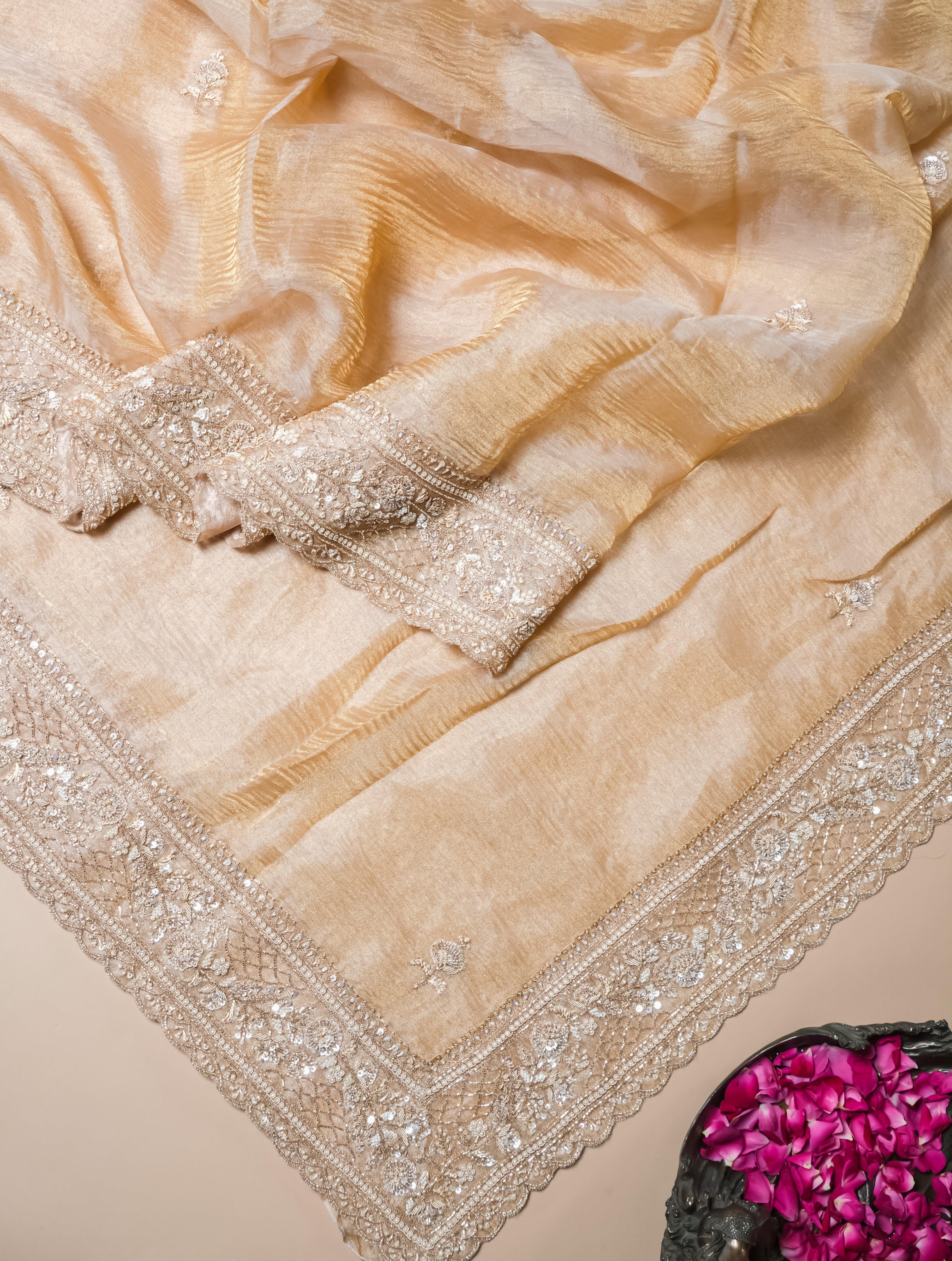 Designer Beige Organza Tissue Silk Saree - Sumangal Ekam