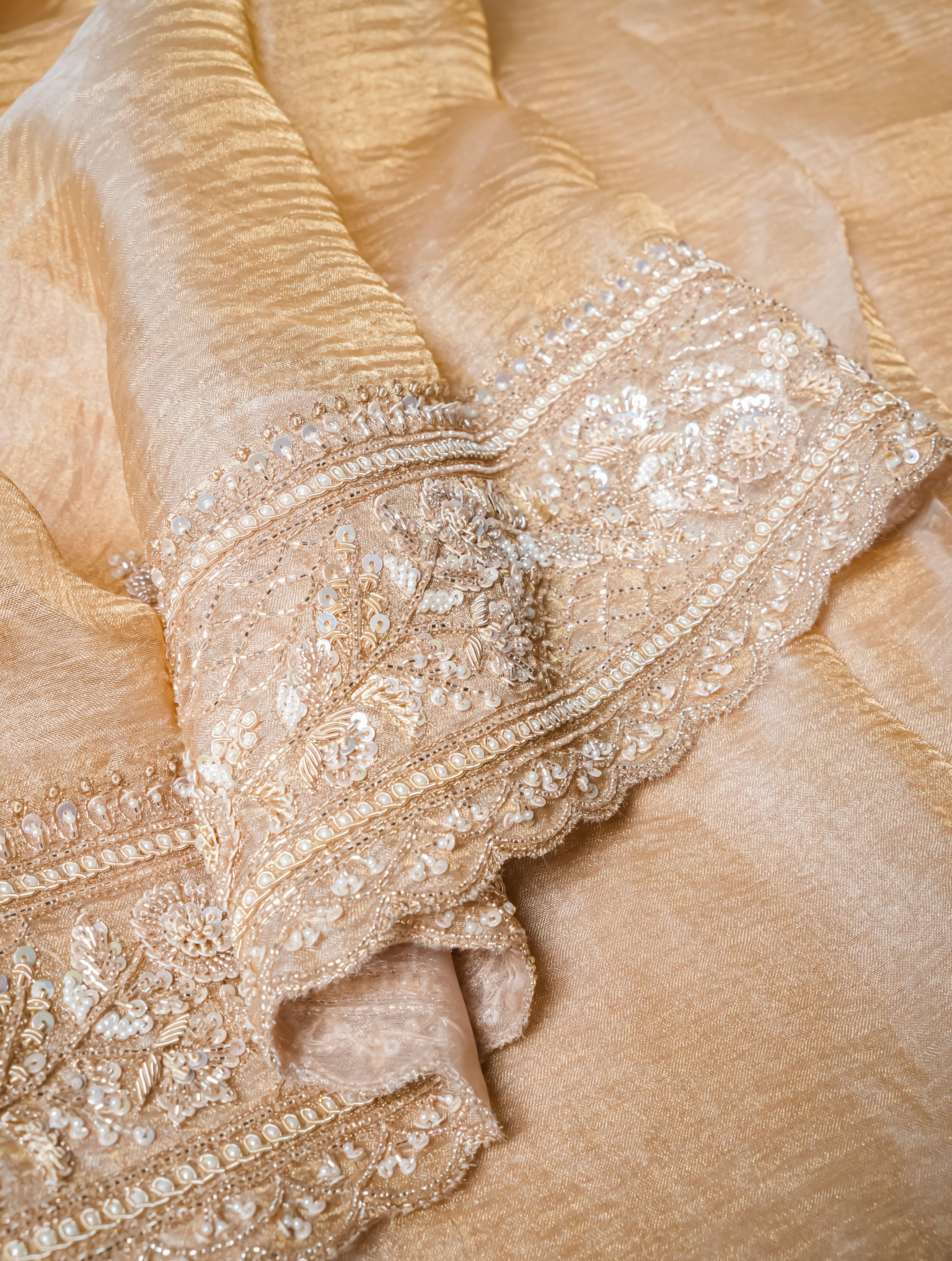 Designer Beige Organza Tissue Silk Saree - Sumangal Ekam