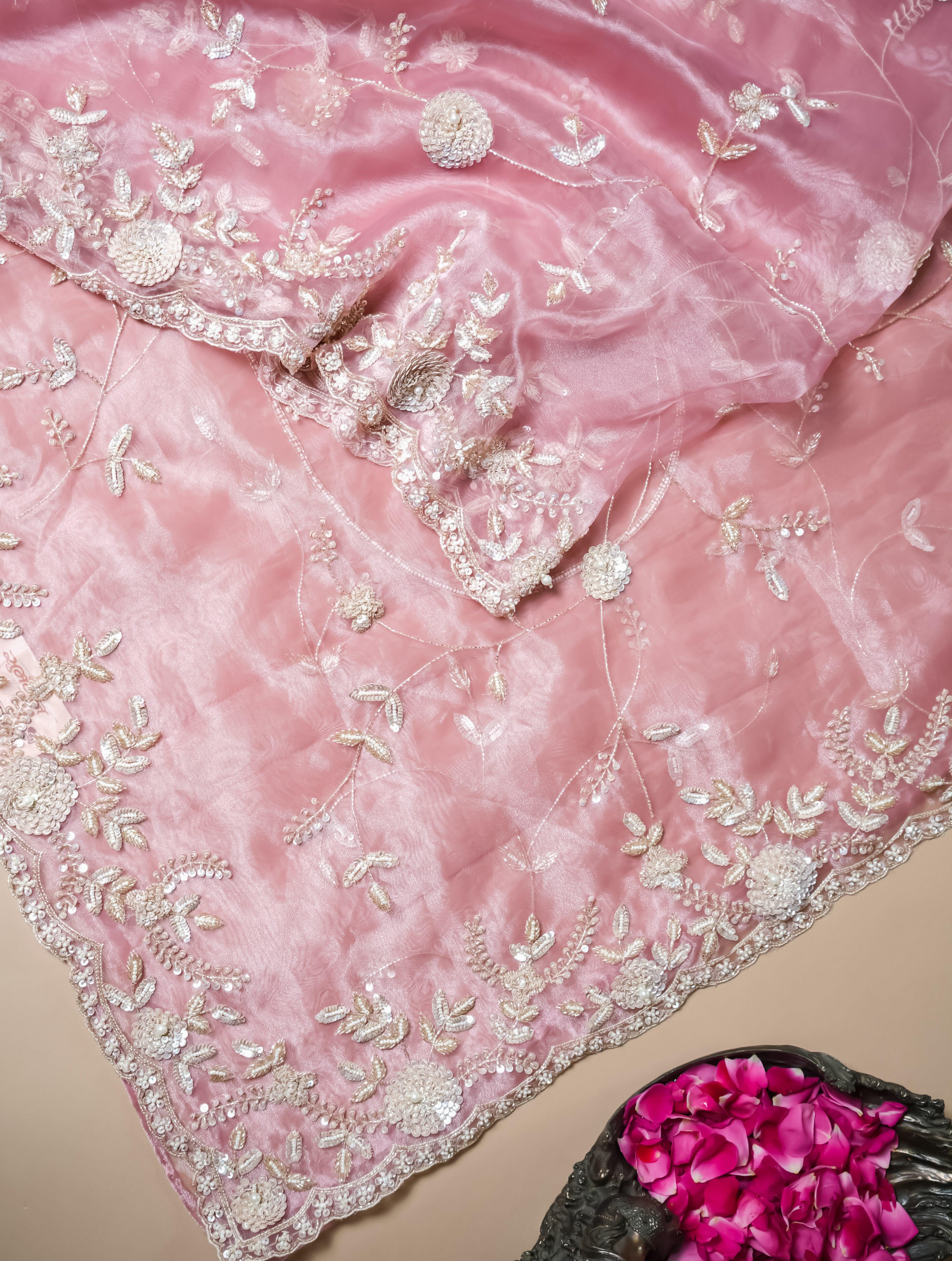 Designer Pink Organza Tissue Silk Saree - Sumangal Ekam